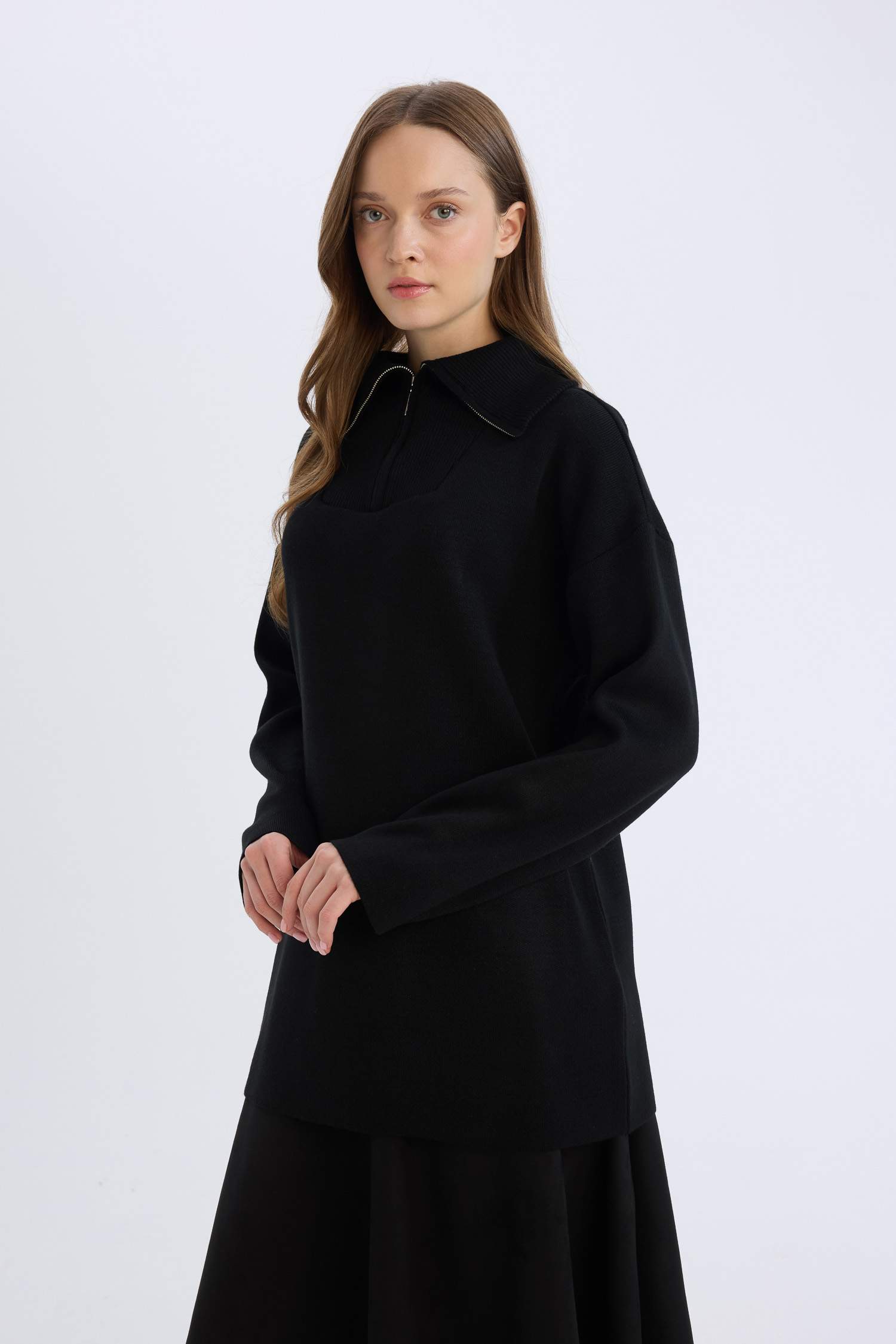 Regular Fit Fermuarlı Dik Yaka Triko Kazak Tunik