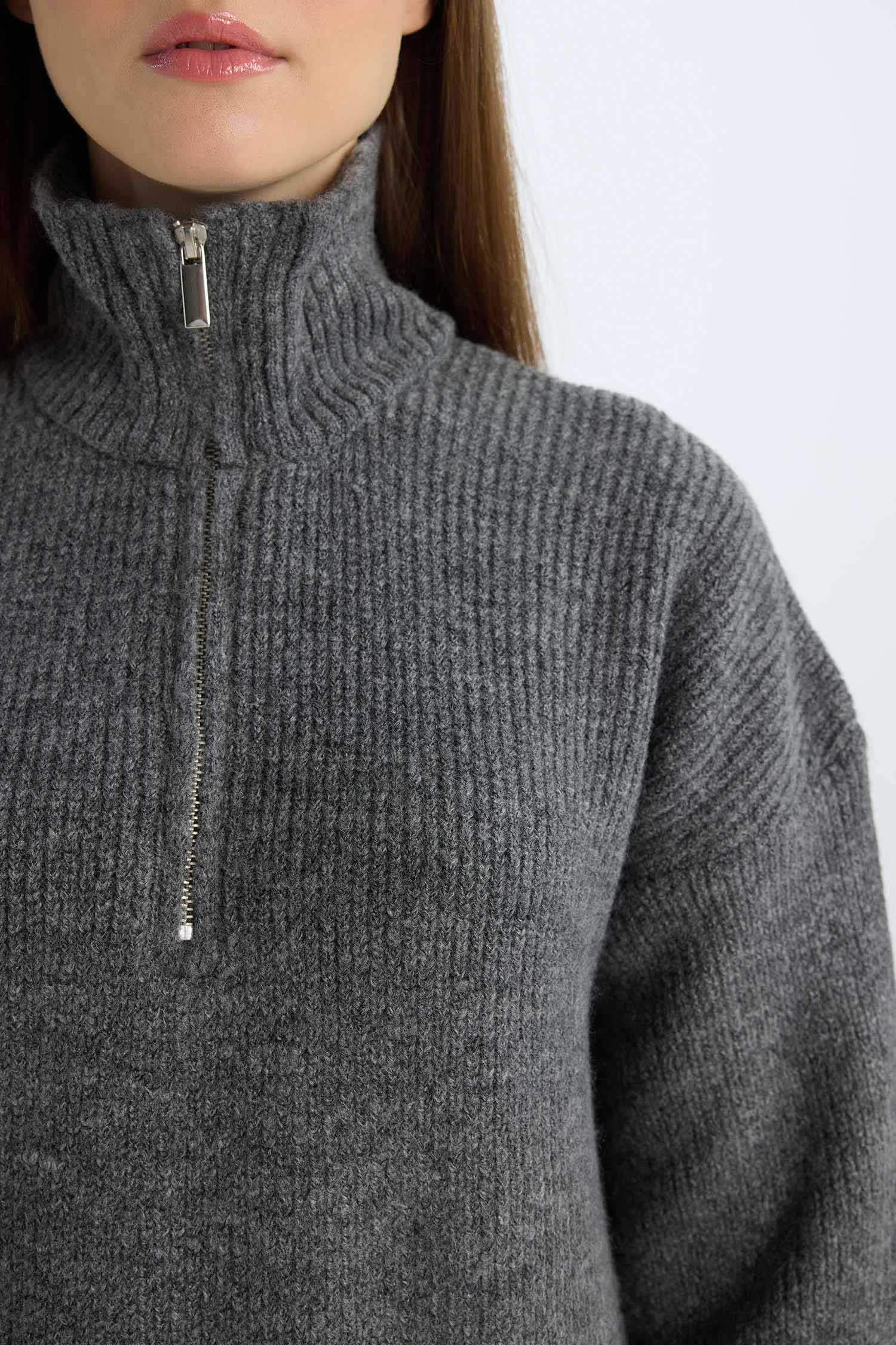 Regular Fit Fermuarlı Dik Yaka Uzun Kollu Triko Maxi Elbise	