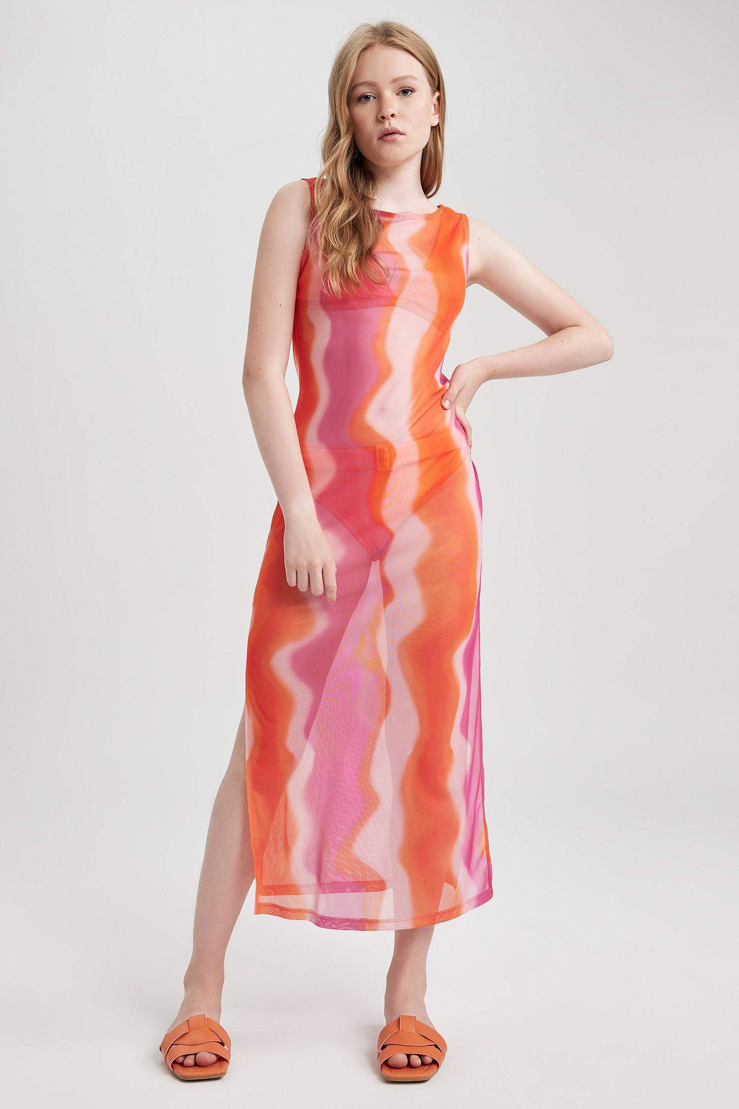 Fall in Love Desenli Kolsuz Plaj Elbisesi