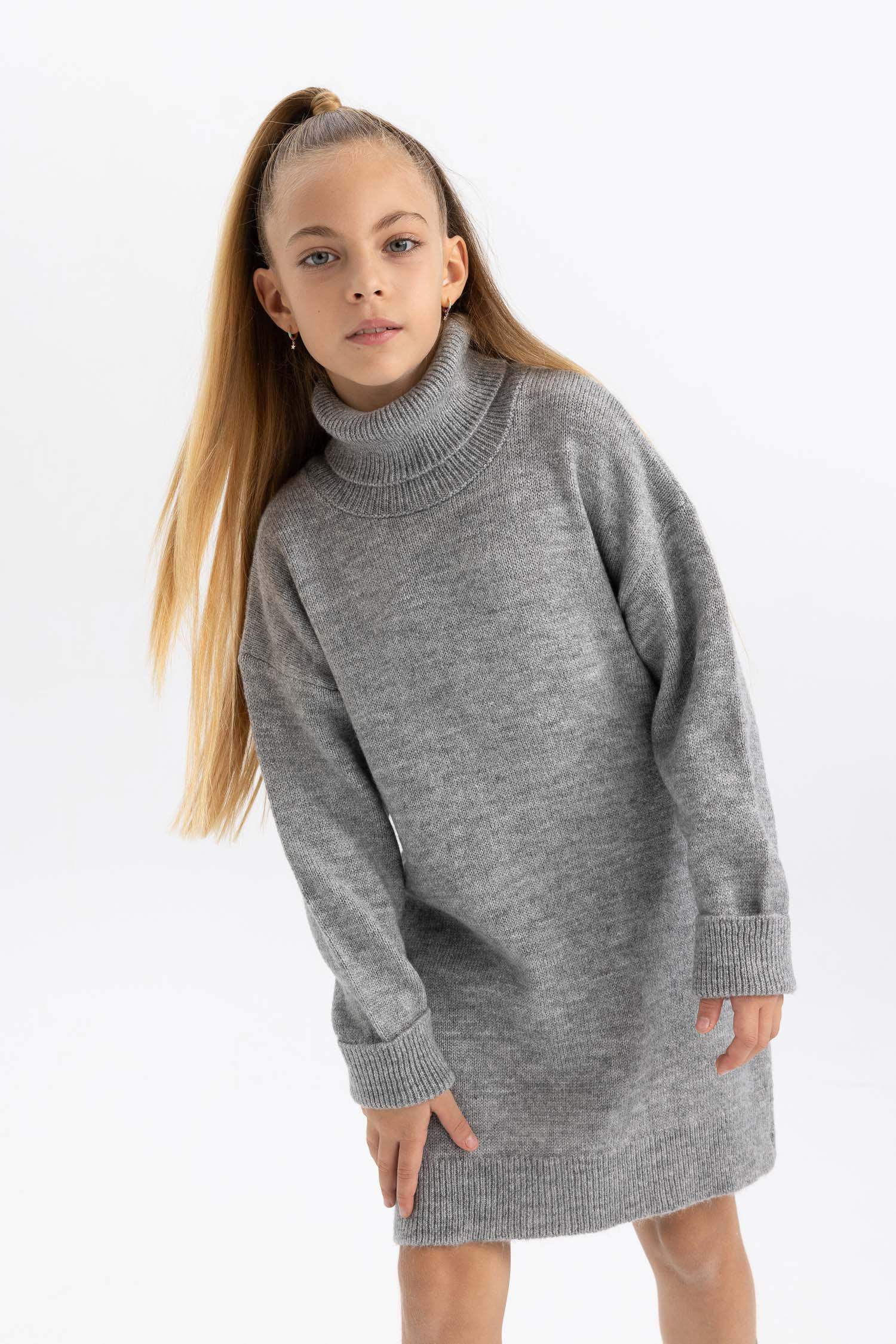 Grey Girls Teens Girl Turtleneck Long Sleeve Knitwear Dress