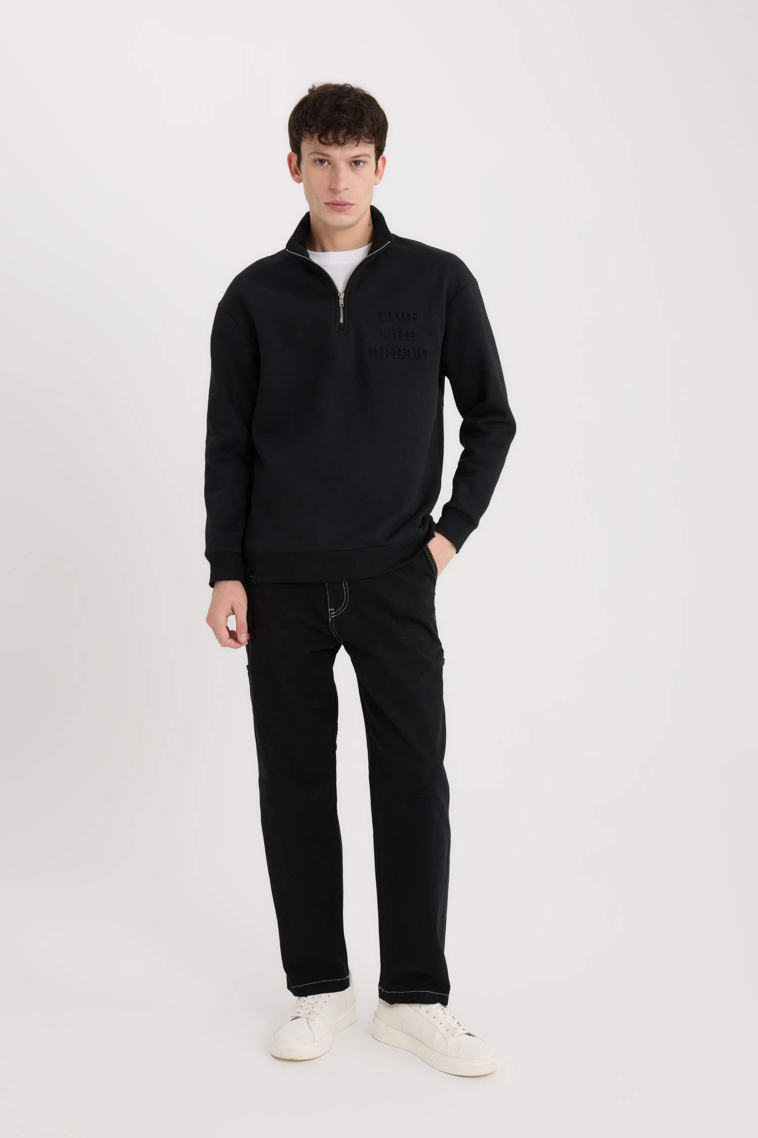 Comfort Regular Relaxed Fit Stand Collar Zippered Printed Sweatshirt