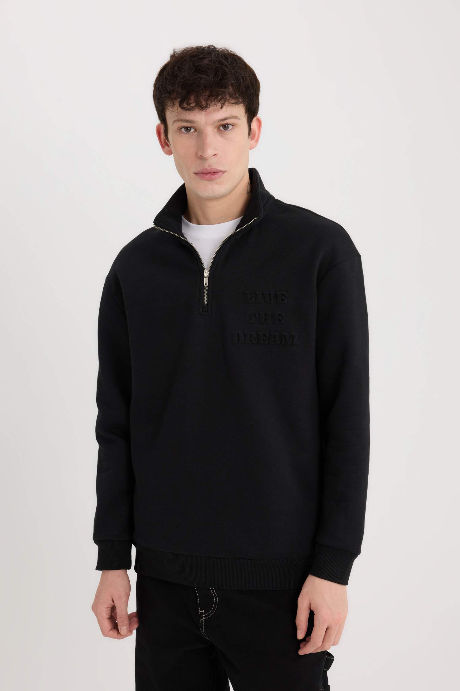 Comfort Regular Relaxed Fit Stand Collar Zippered Printed Sweatshirt