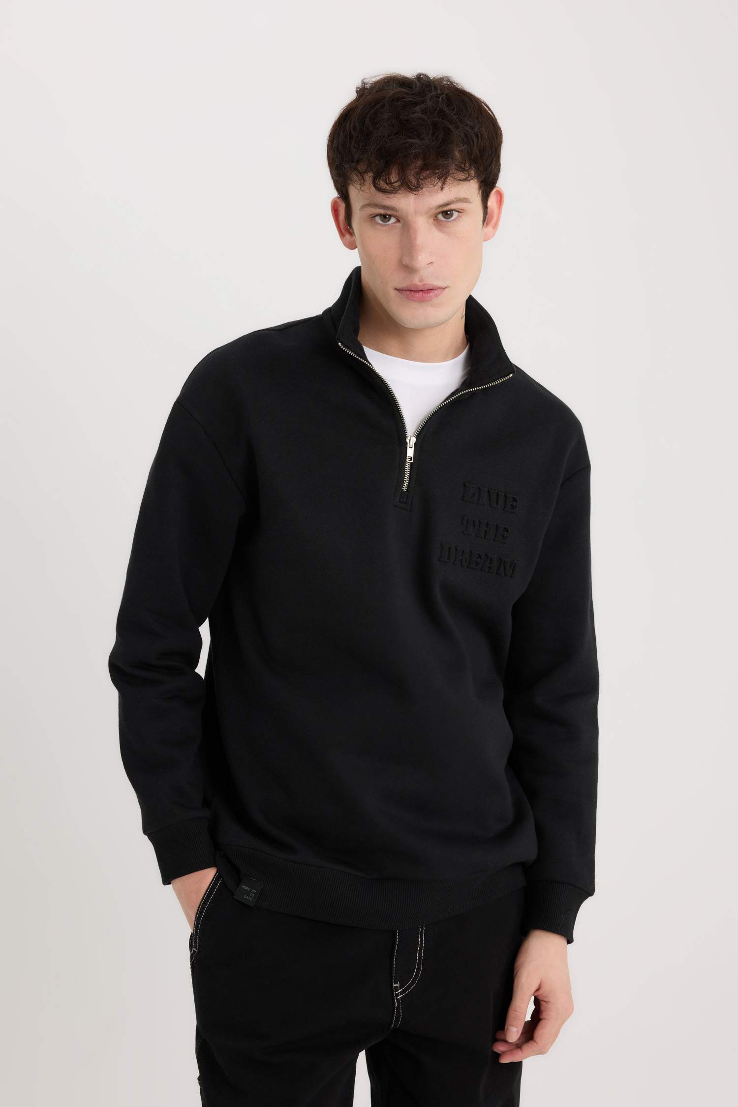 Comfort Regular Relaxed Fit Stand Collar Zippered Printed Sweatshirt