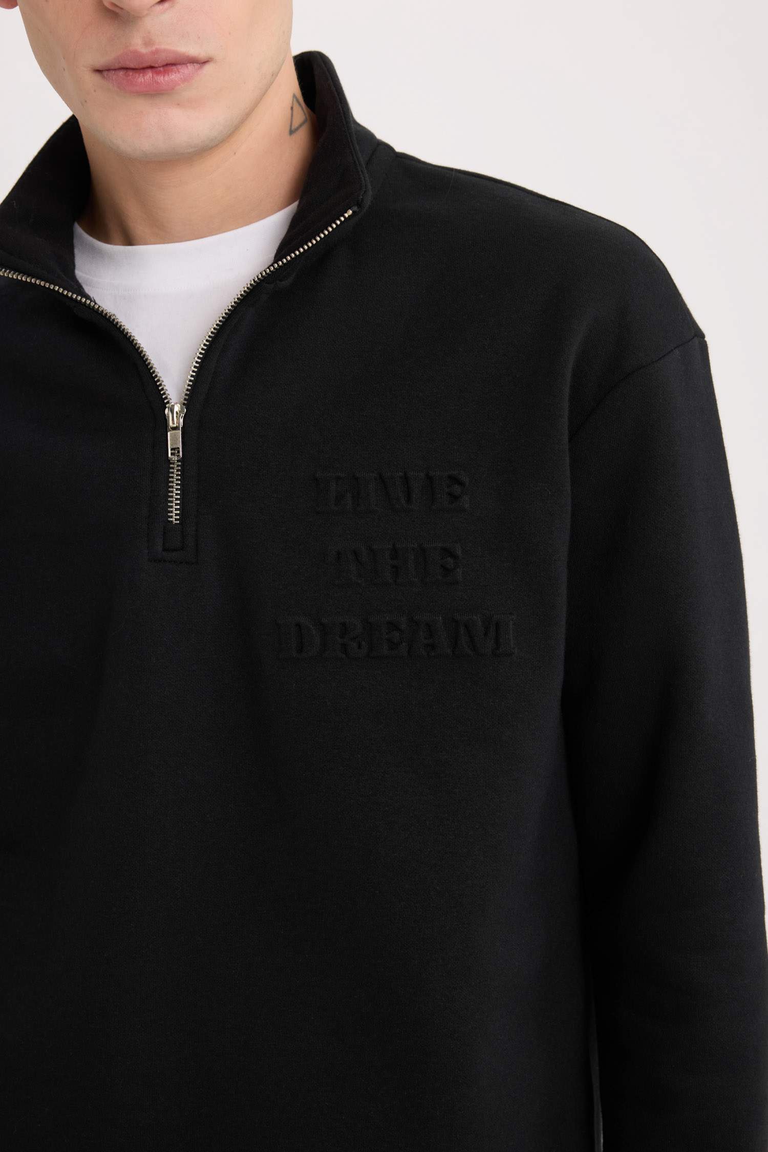 Comfort Regular Relaxed Fit Stand Collar Zippered Printed Sweatshirt