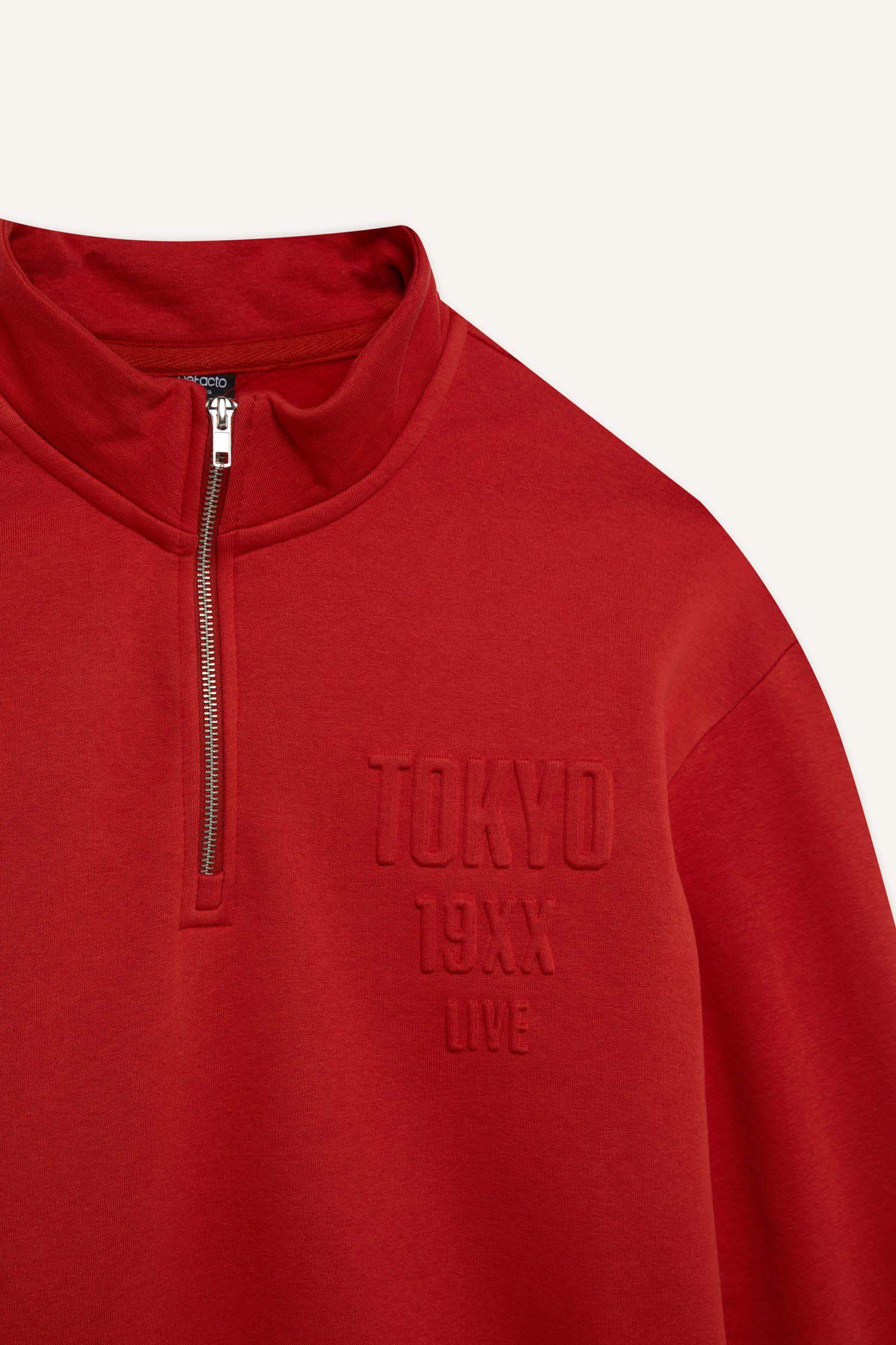 Comfort Regular Fit Rahat Kalıp Dik Yaka Fermuarlı Baskılı Sweatshirt