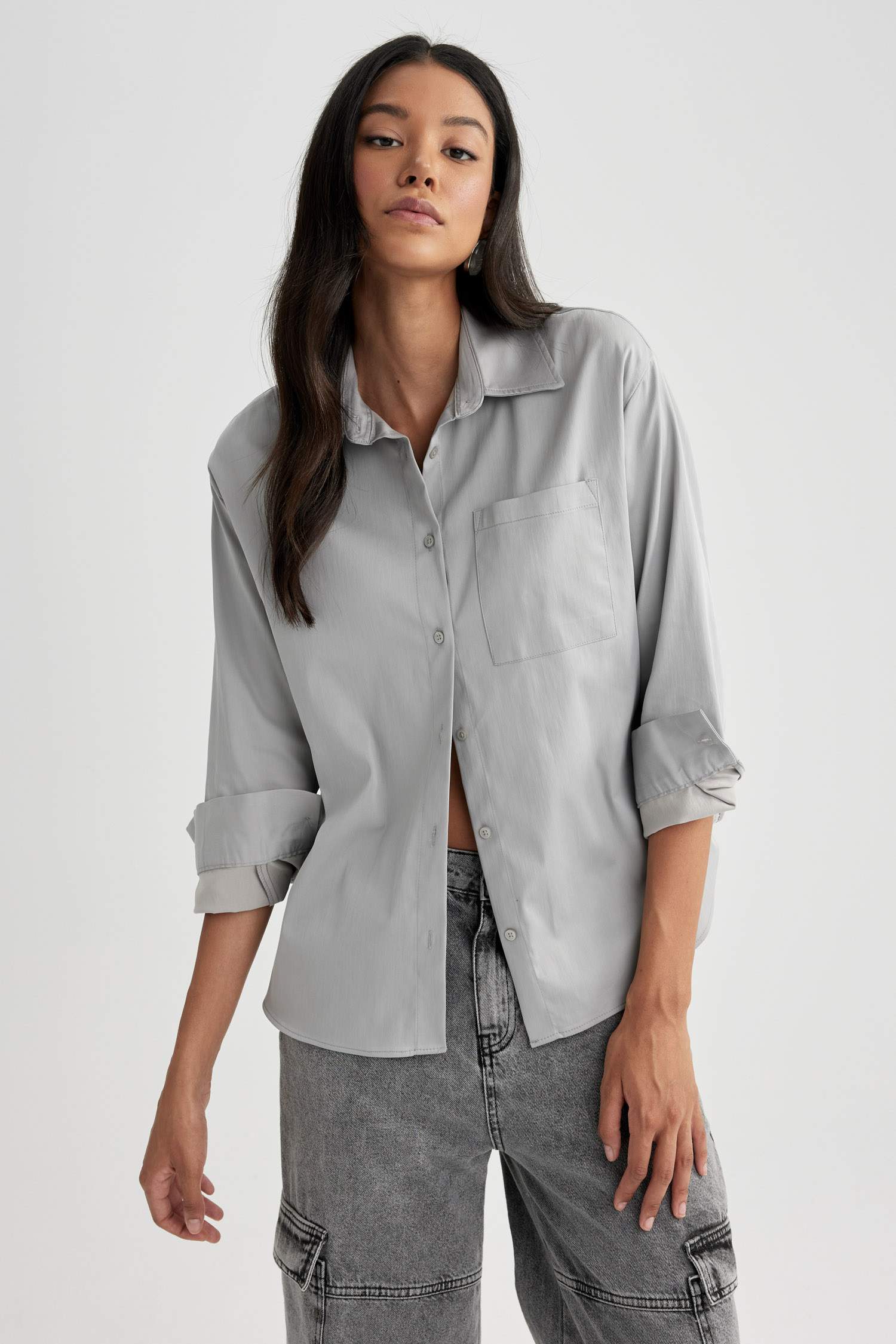 Oversize Fit Shirt Collar Poplin Long Sleeve Shirt