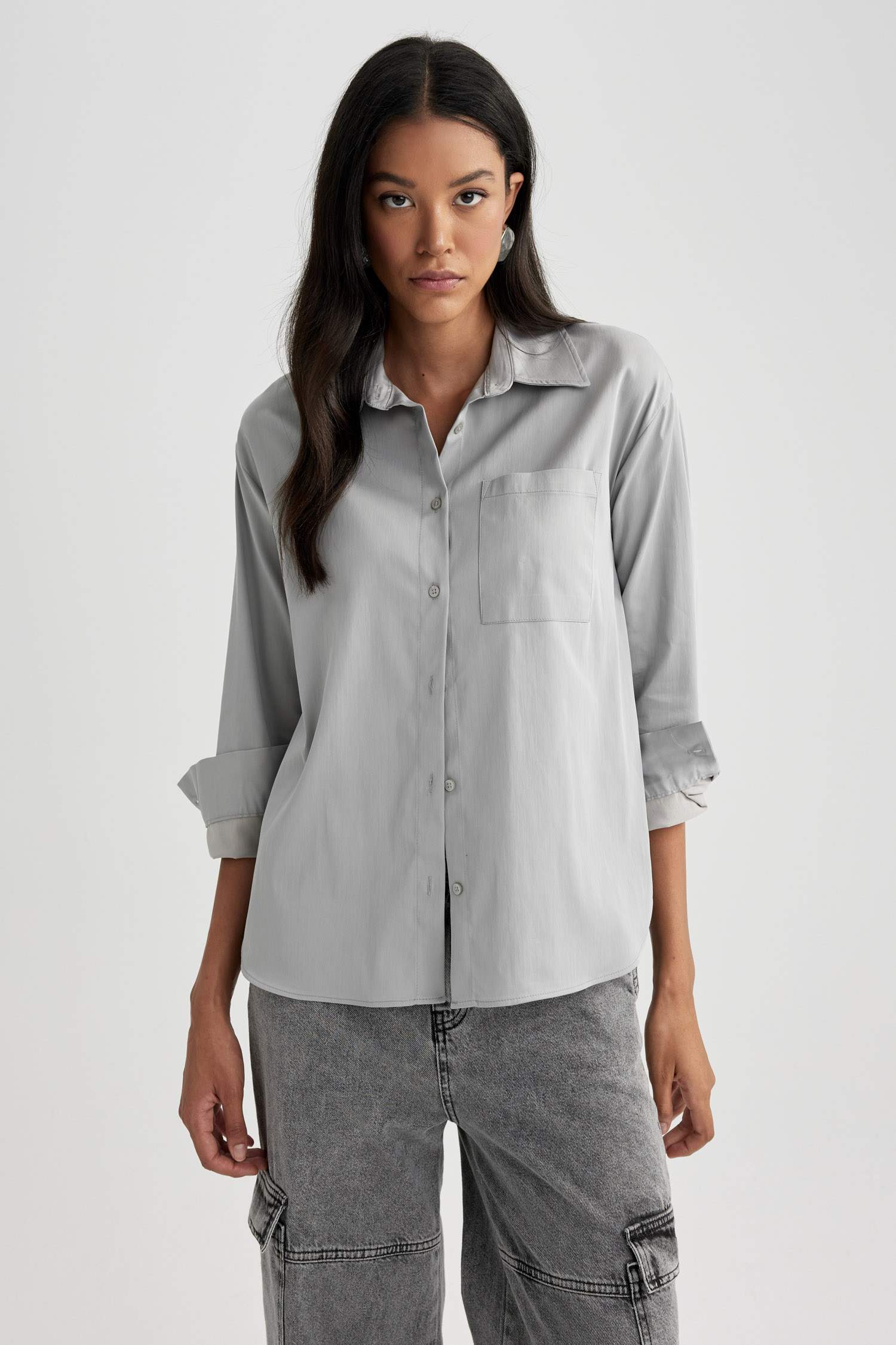 Oversize Fit Shirt Collar Poplin Long Sleeve Shirt