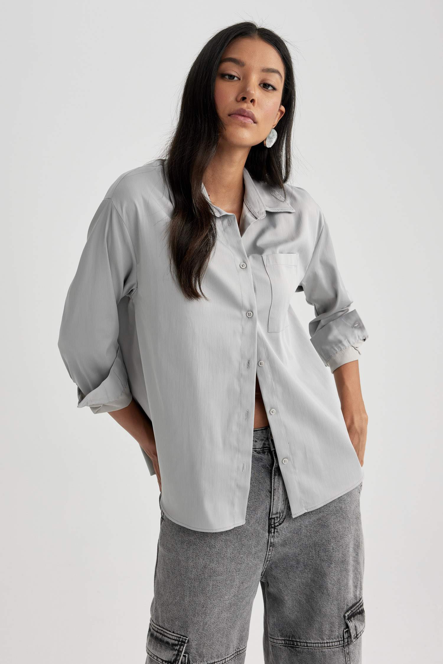 Oversize Fit Shirt Collar Poplin Long Sleeve Shirt