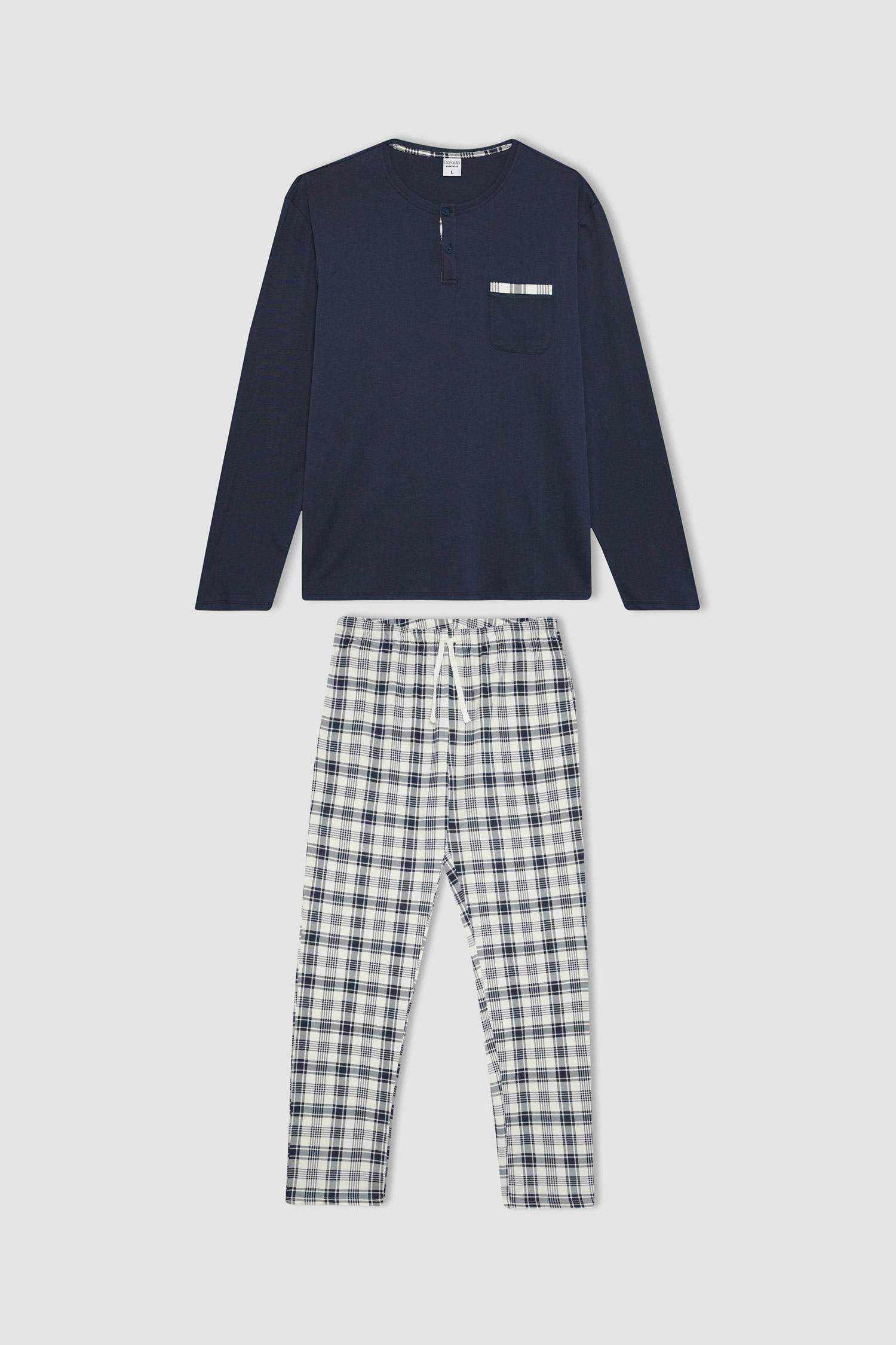 Regular Fit Pijama Takımı Uzun Kollu Üst Kareli Uzun Alt