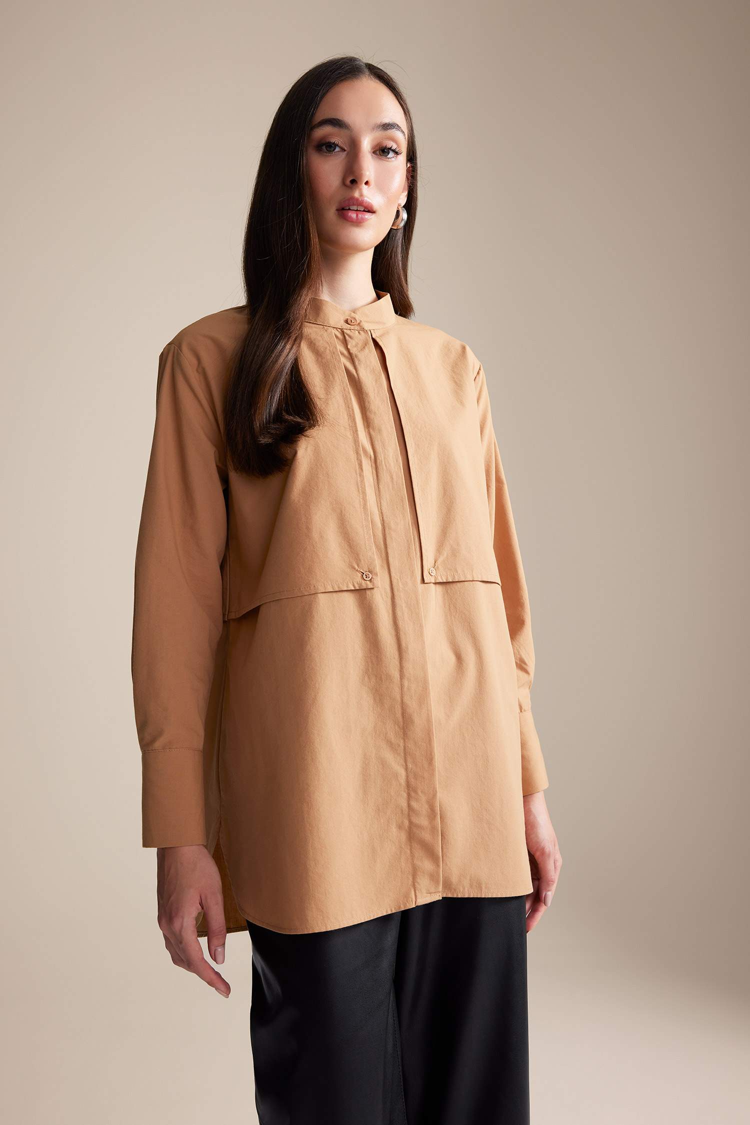 Beige WOMAN Relax Fit Poplin Long Sleeve Tunic 2911187 | DeFacto