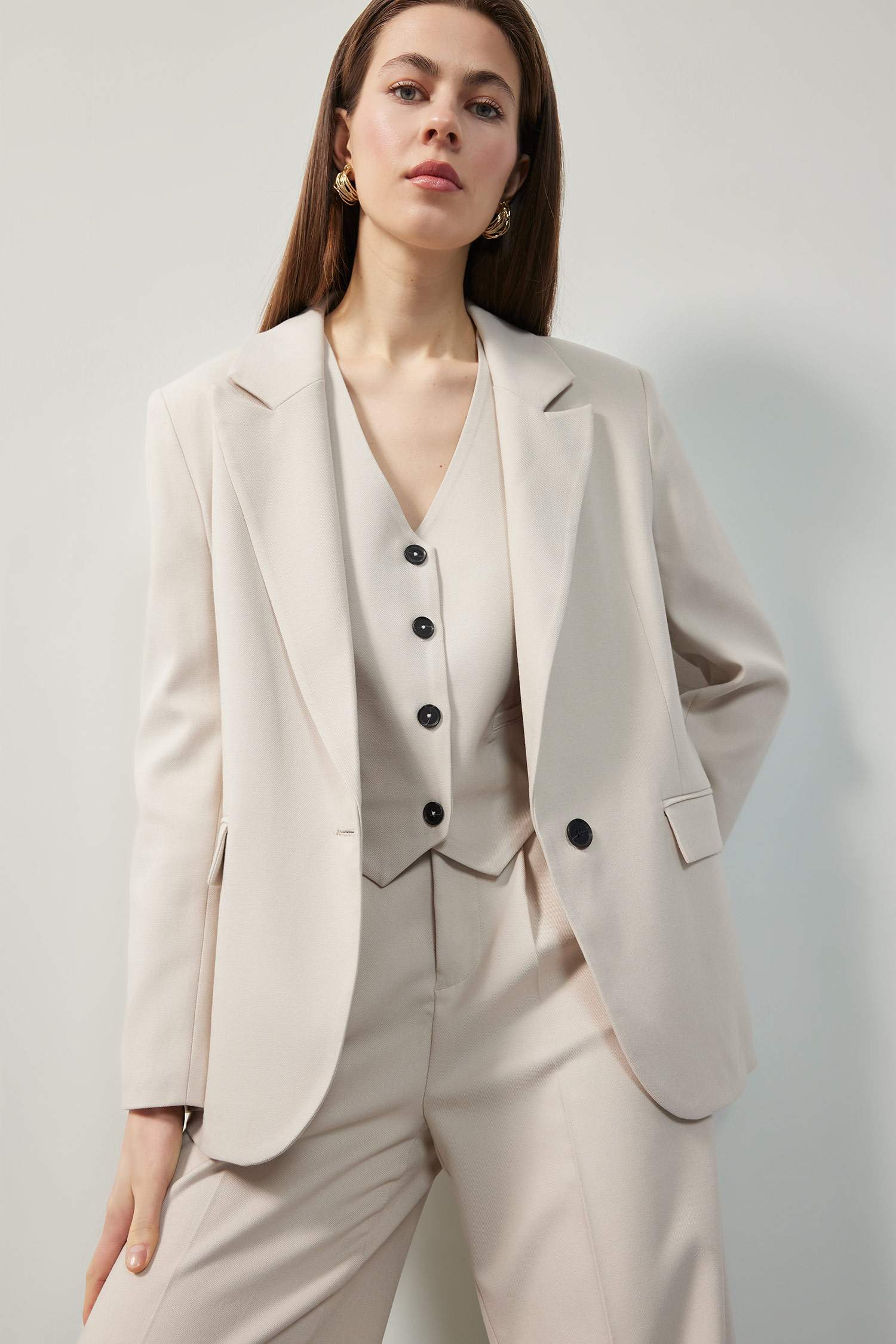 Oversize Geniş Kalıp Düğmeli Basic Düz Blazer Ceket