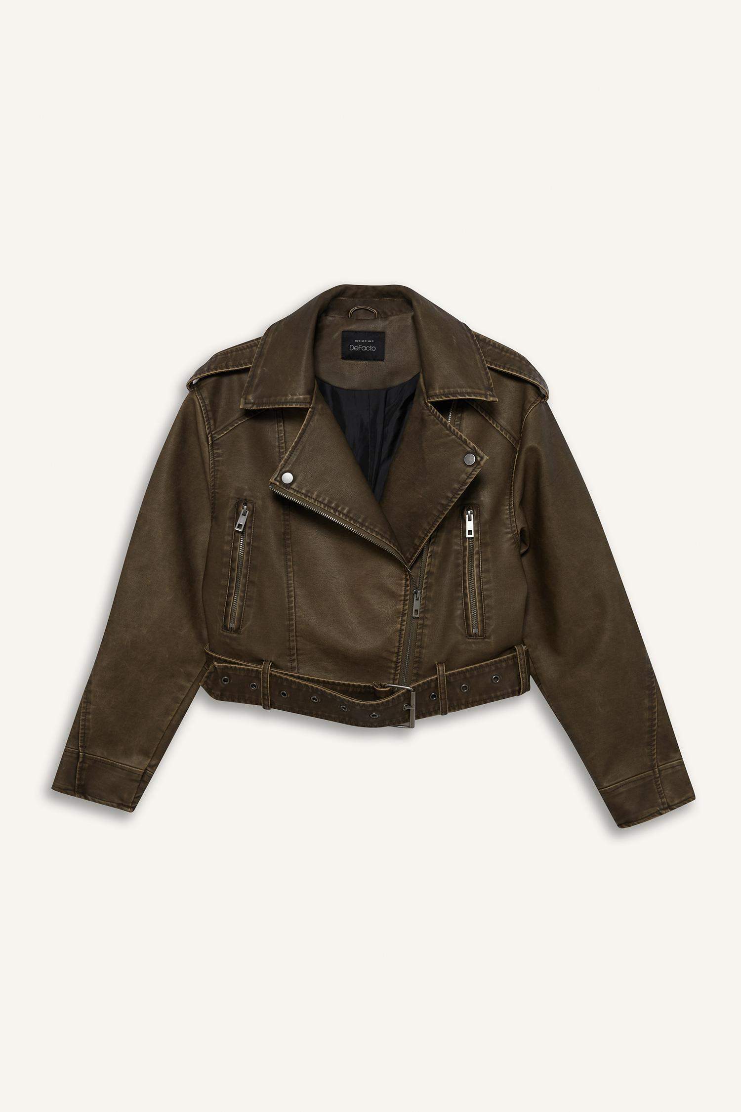 Relax Fit Kruvaze Yaka Kemerli Fermuarlı Suni Deri Ceket Mont