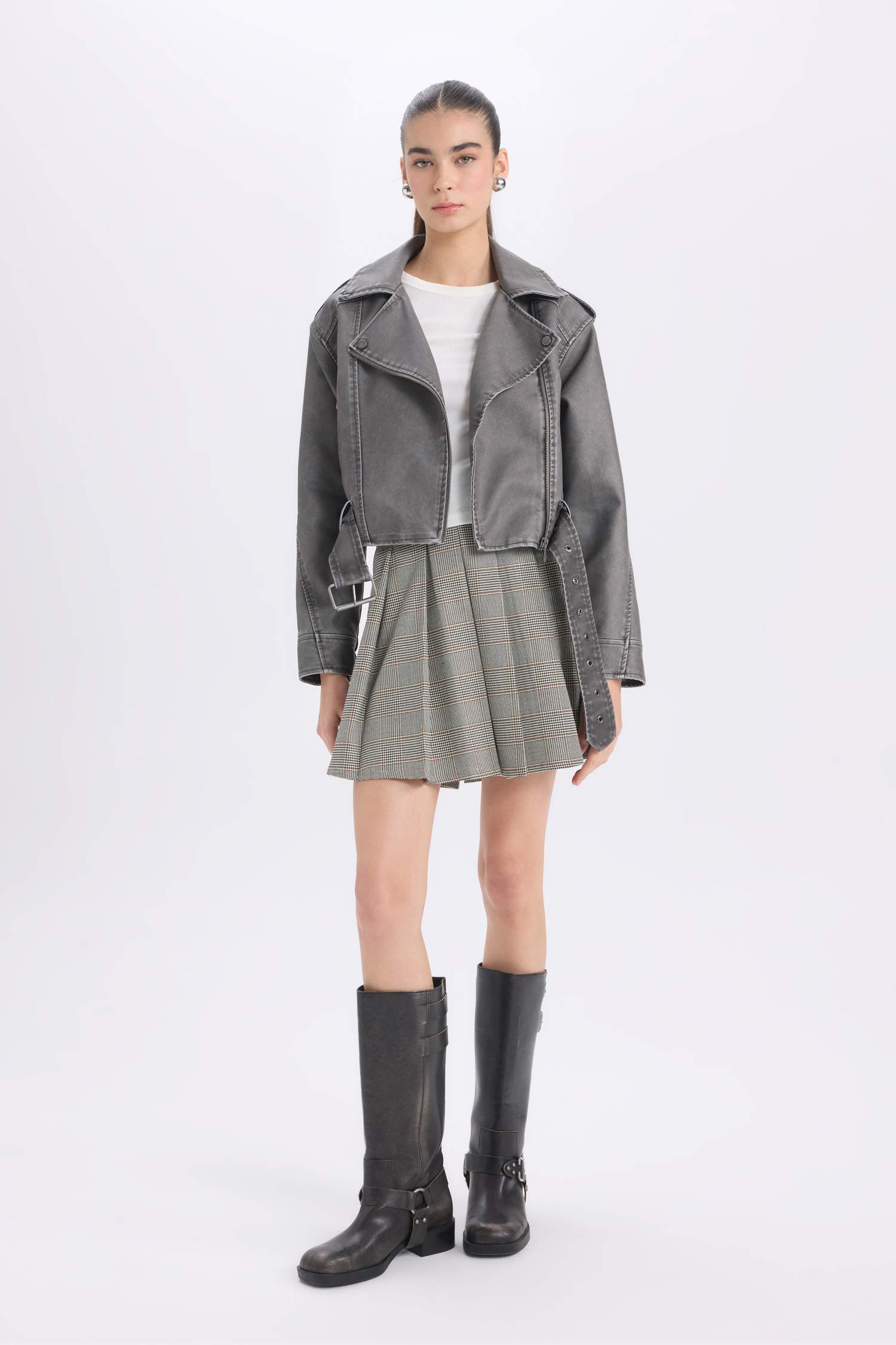 Relax Fit Suni Deri Ceket Mont Kruvaze Yaka Kemerli Fermuarlı