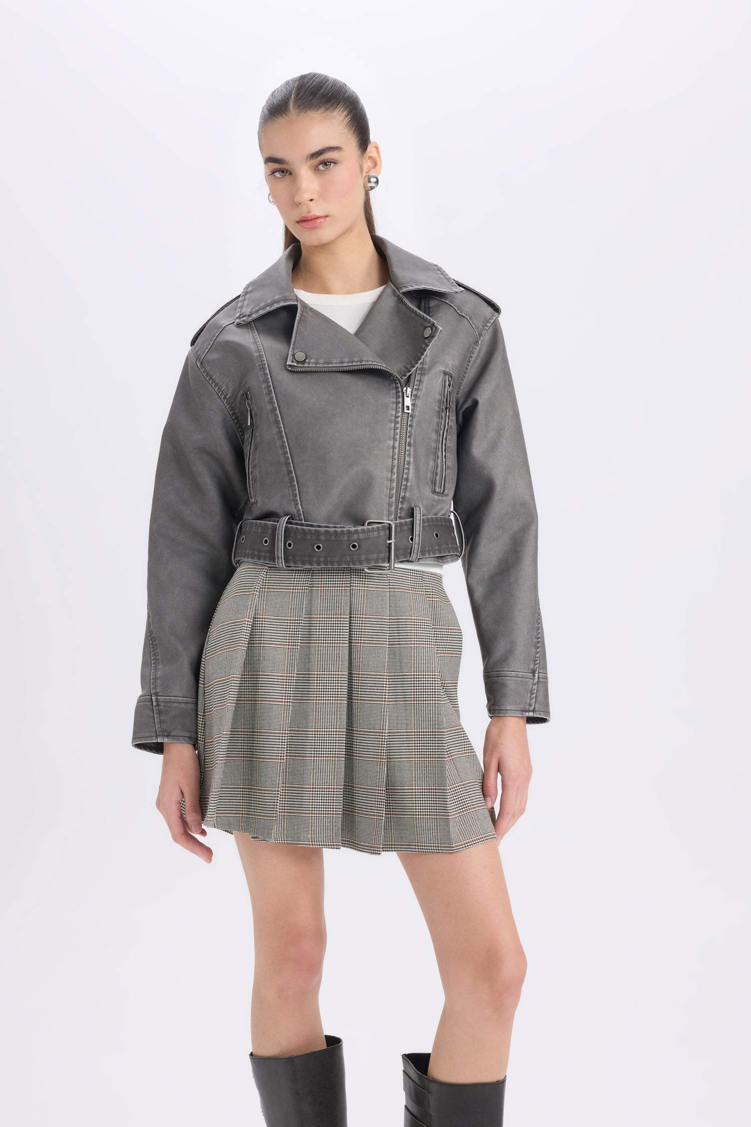 Relax Fit Suni Deri Ceket Mont Kruvaze Yaka Kemerli Fermuarlı