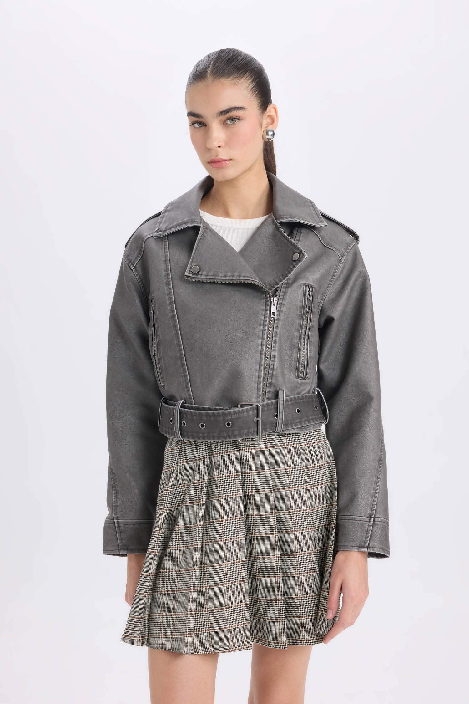 Relax Fit Suni Deri Ceket Mont Kruvaze Yaka Kemerli Fermuarlı