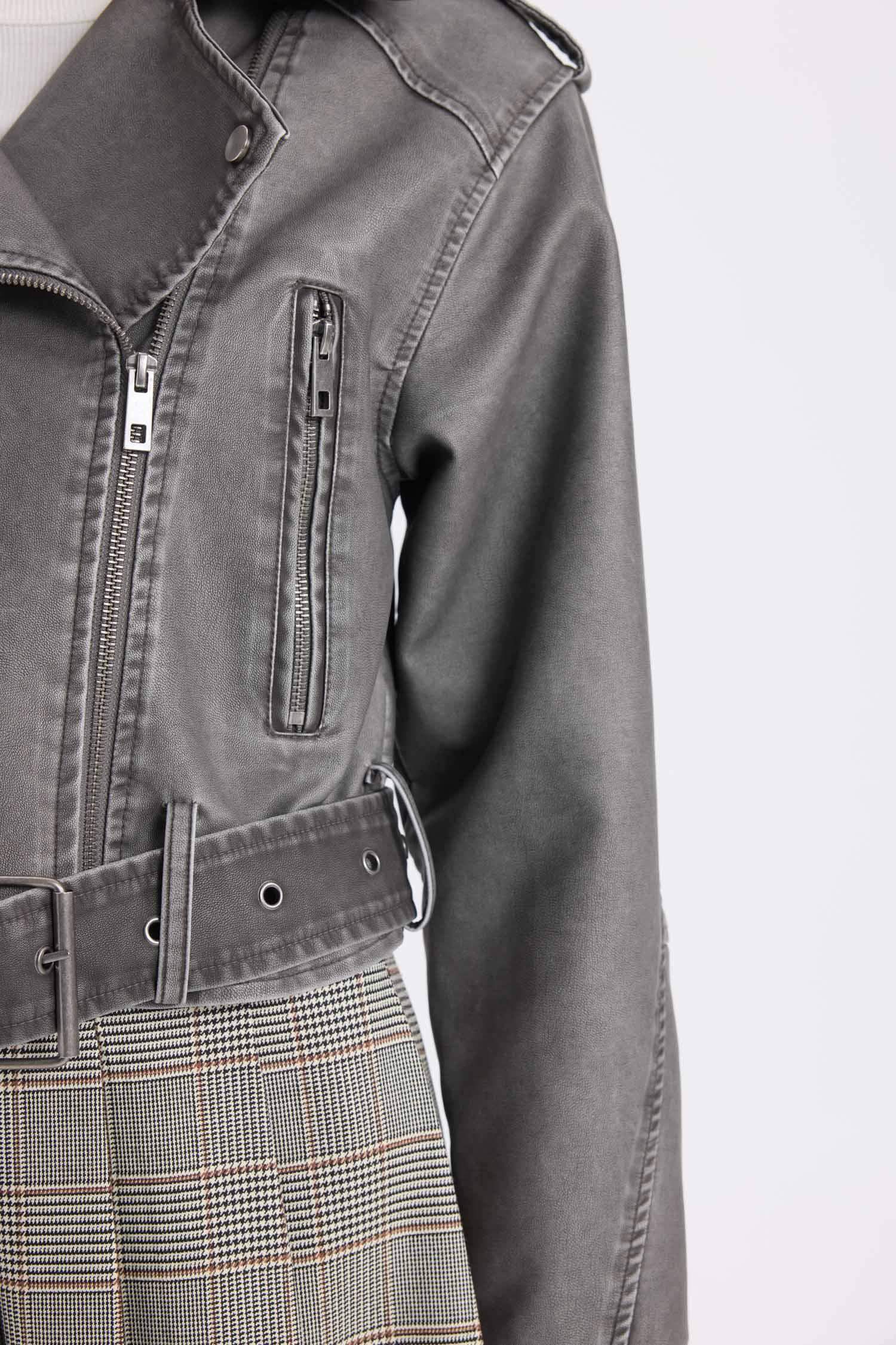 Relax Fit Suni Deri Ceket Mont Kruvaze Yaka Kemerli Fermuarlı