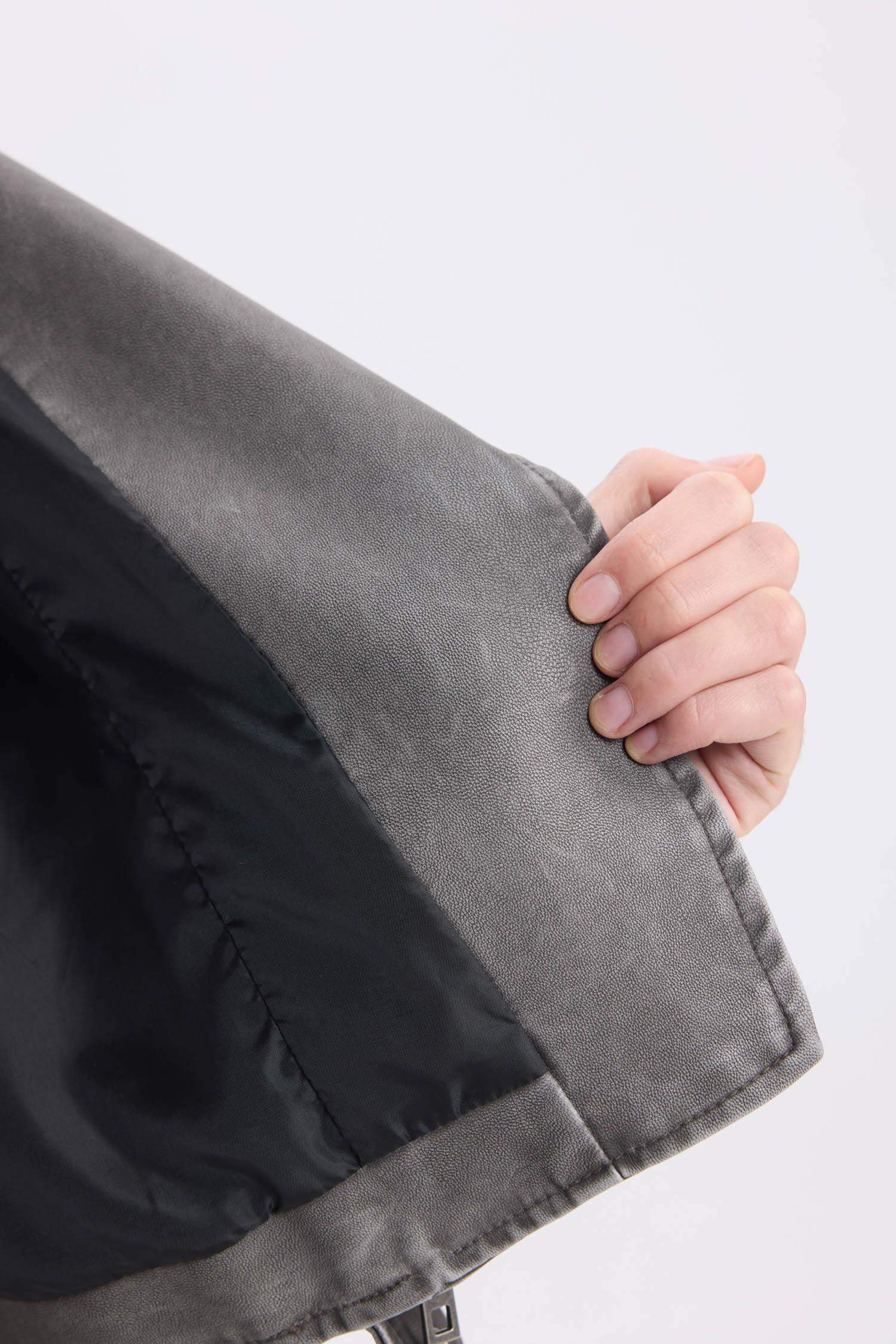 Relax Fit Suni Deri Ceket Mont Kruvaze Yaka Kemerli Fermuarlı