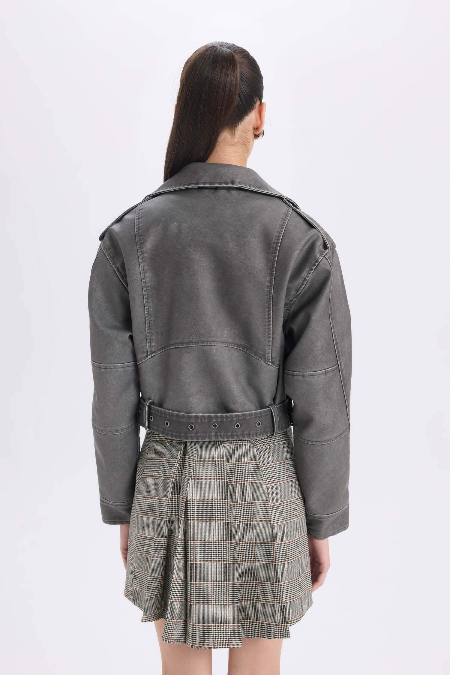 Relax Fit Suni Deri Ceket Mont Kruvaze Yaka Kemerli Fermuarlı