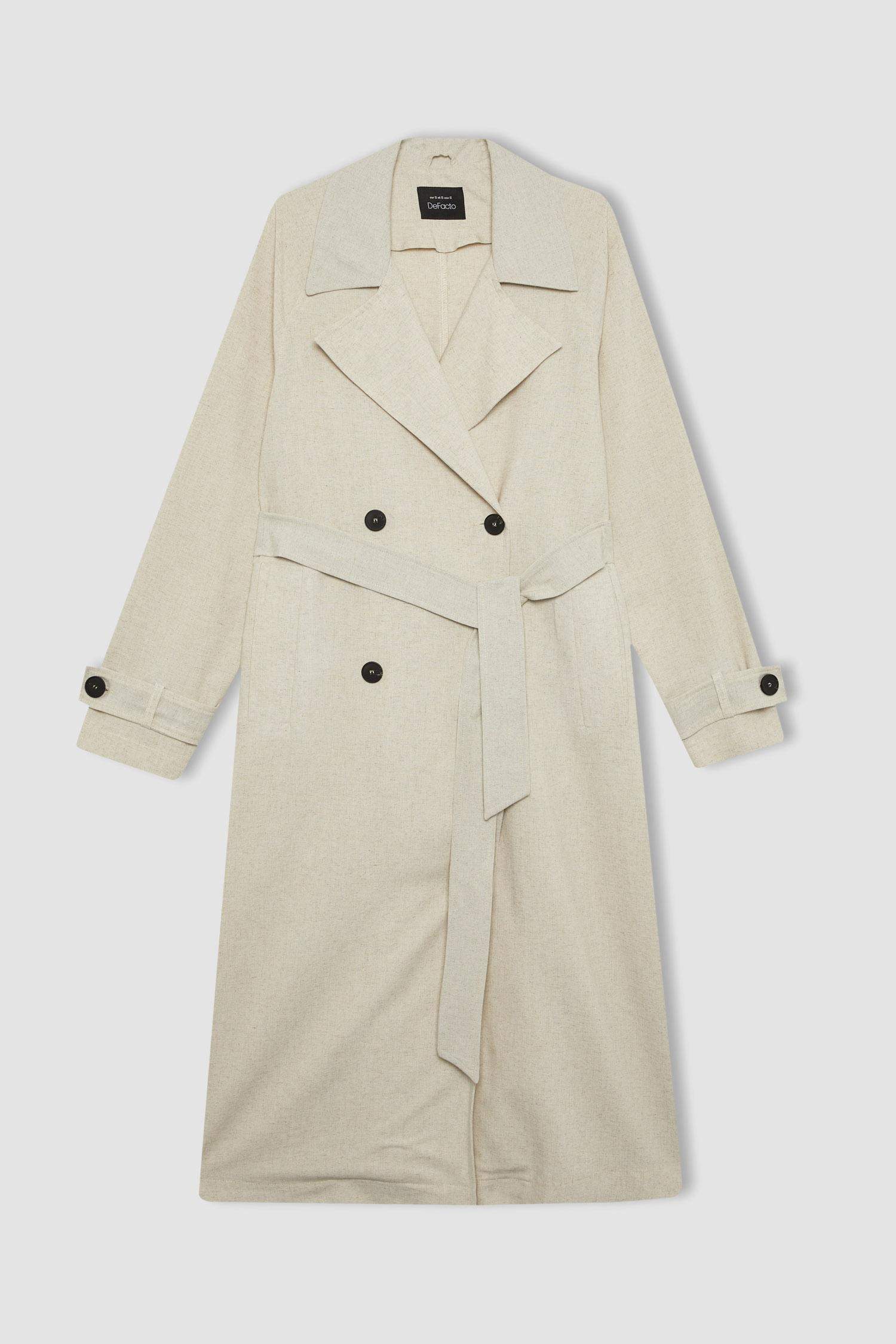 Su İtici Uzun Trençkot Kruvaze Yaka Düğmeli Cepli Kemerli Apoletli Mevsimlik