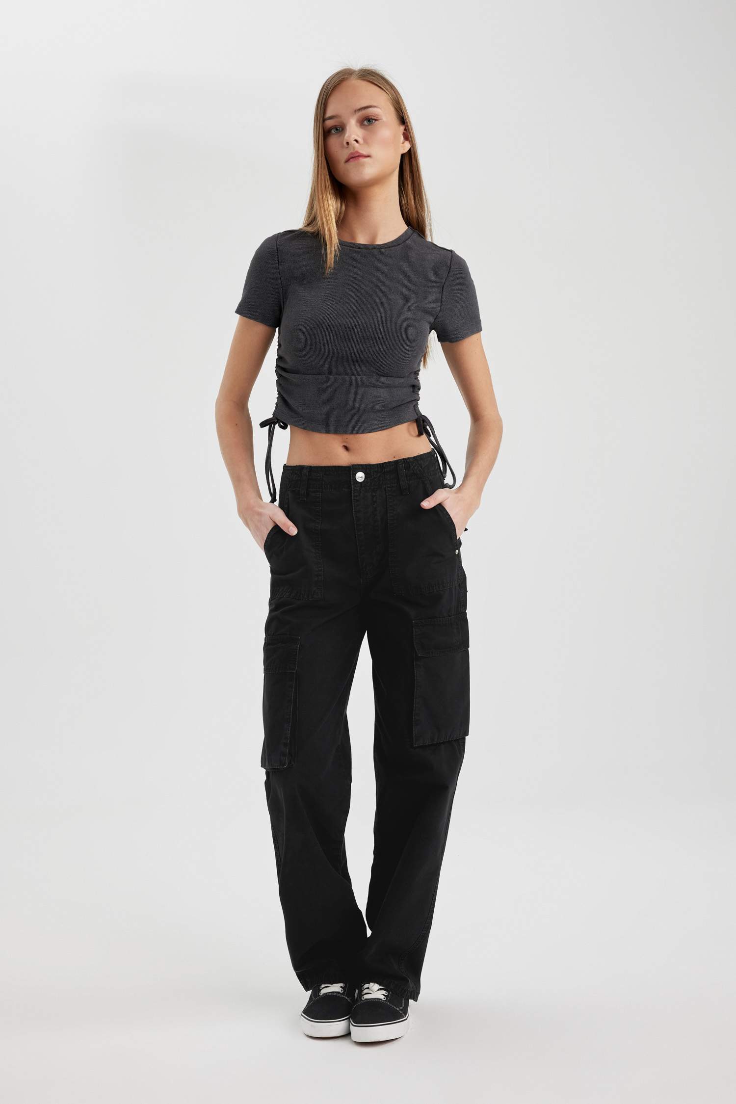 Gabardin Pantolon Straight Fit Standart Boy Yüksek Bel Kargo Cepli