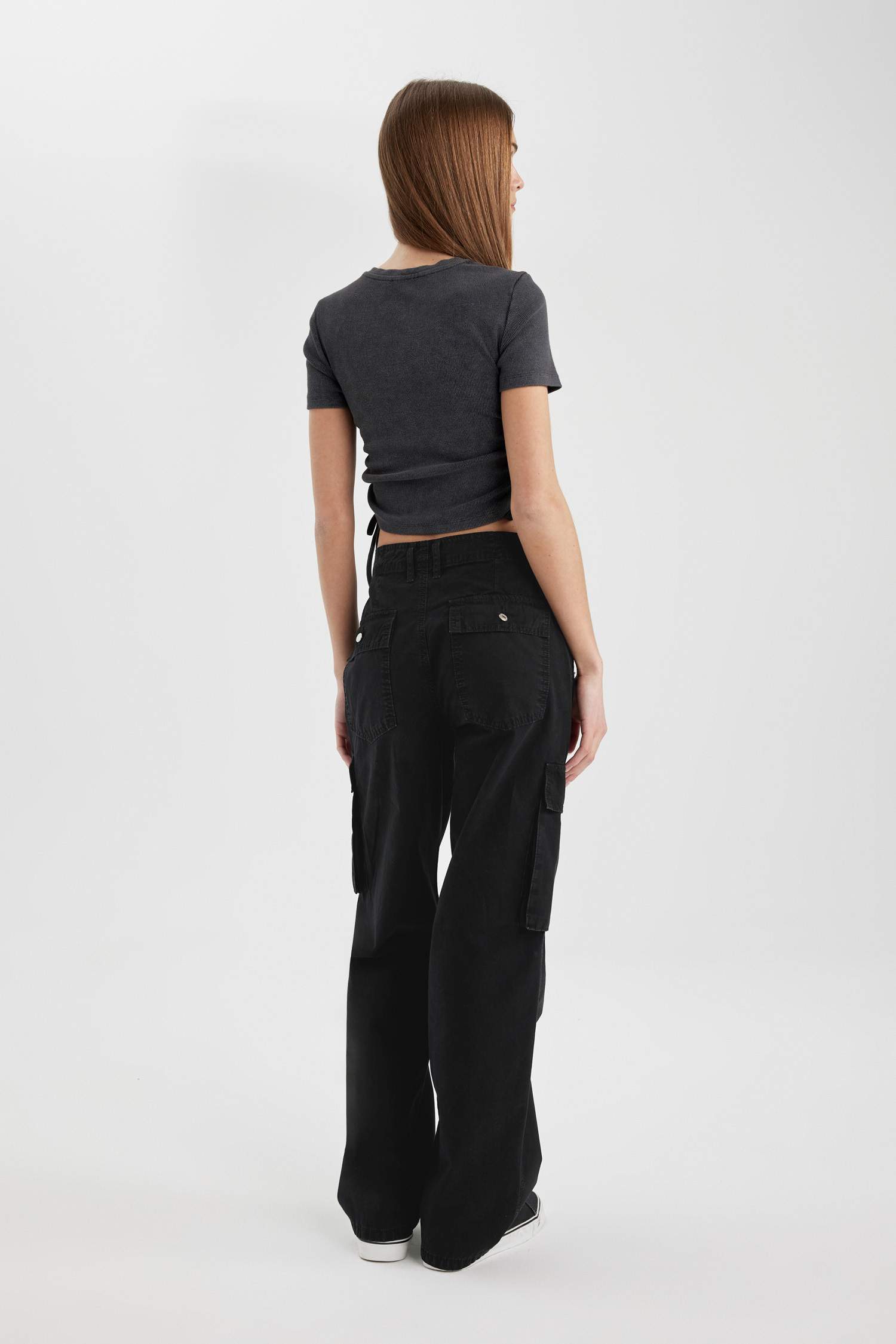 Gabardin Pantolon Straight Fit Standart Boy Yüksek Bel Kargo Cepli