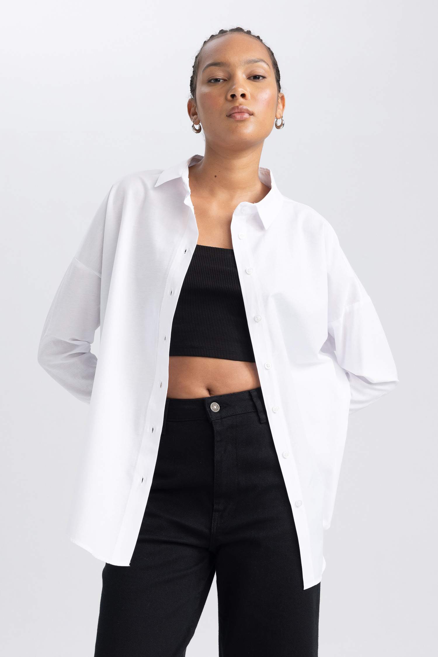 Oversize Fit Poplin Shirt Collar Long Sleeve Tunic