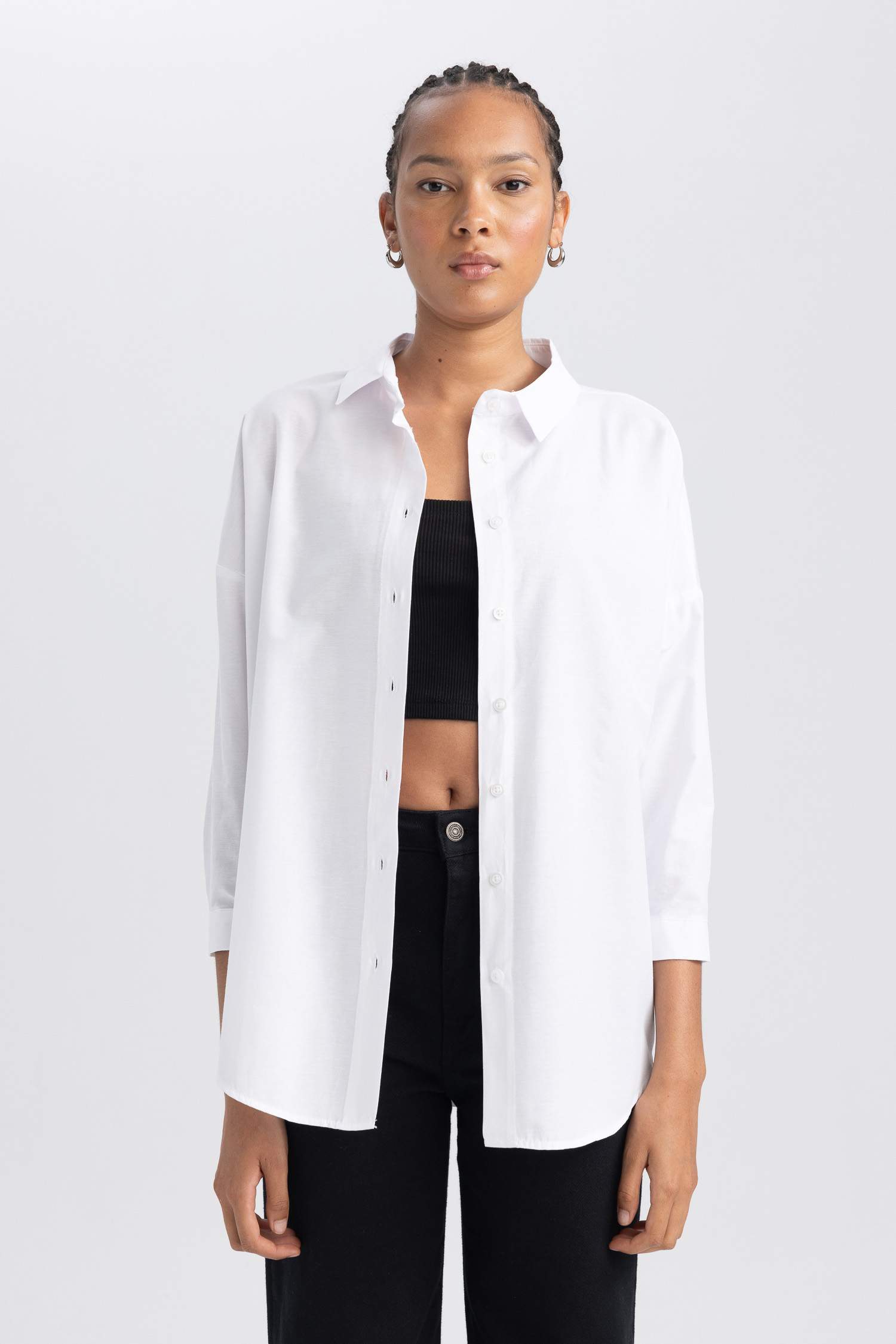 Oversize Fit Poplin Shirt Collar Long Sleeve Tunic