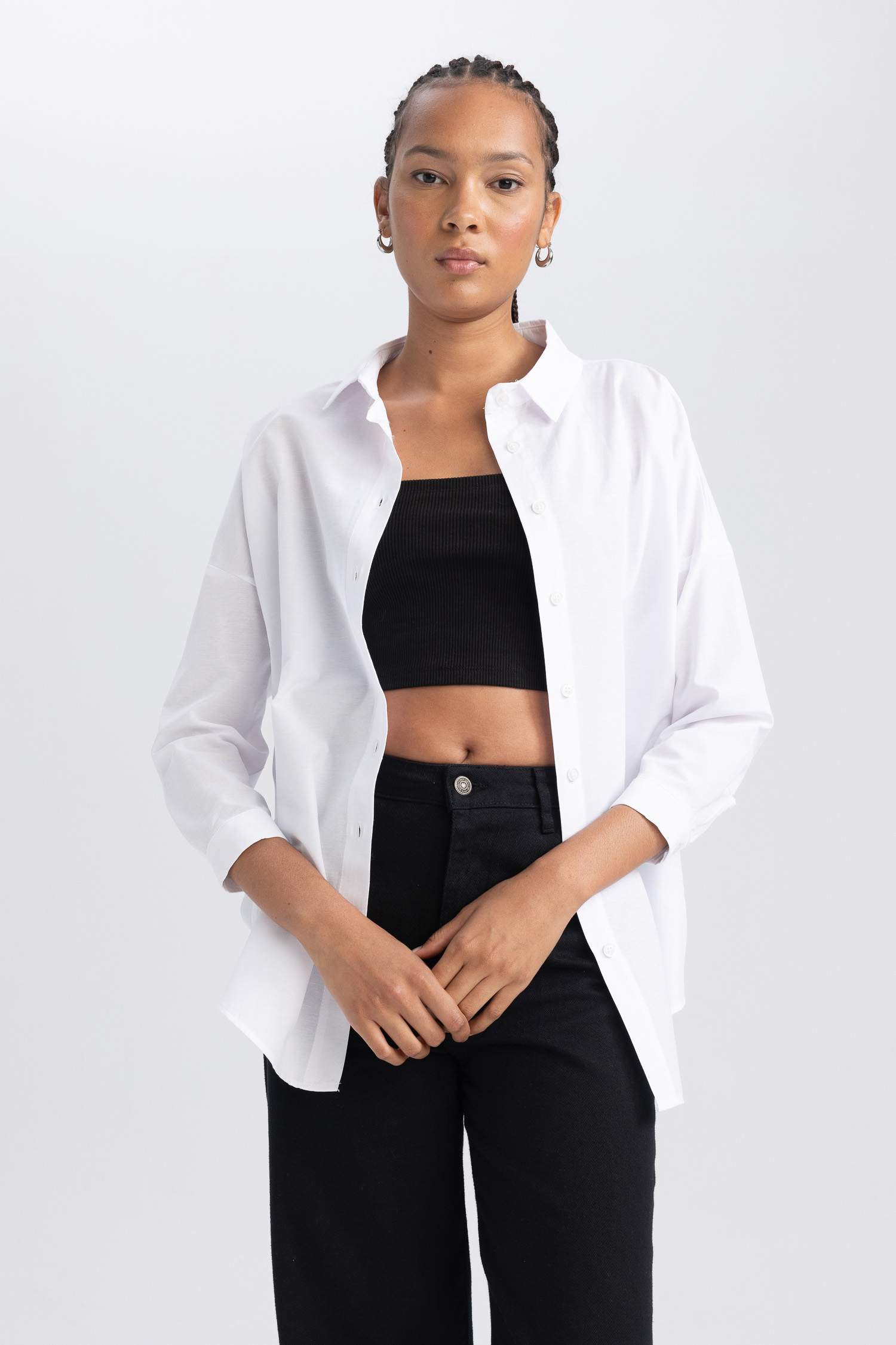 Oversize Fit Poplin Shirt Collar Long Sleeve Tunic