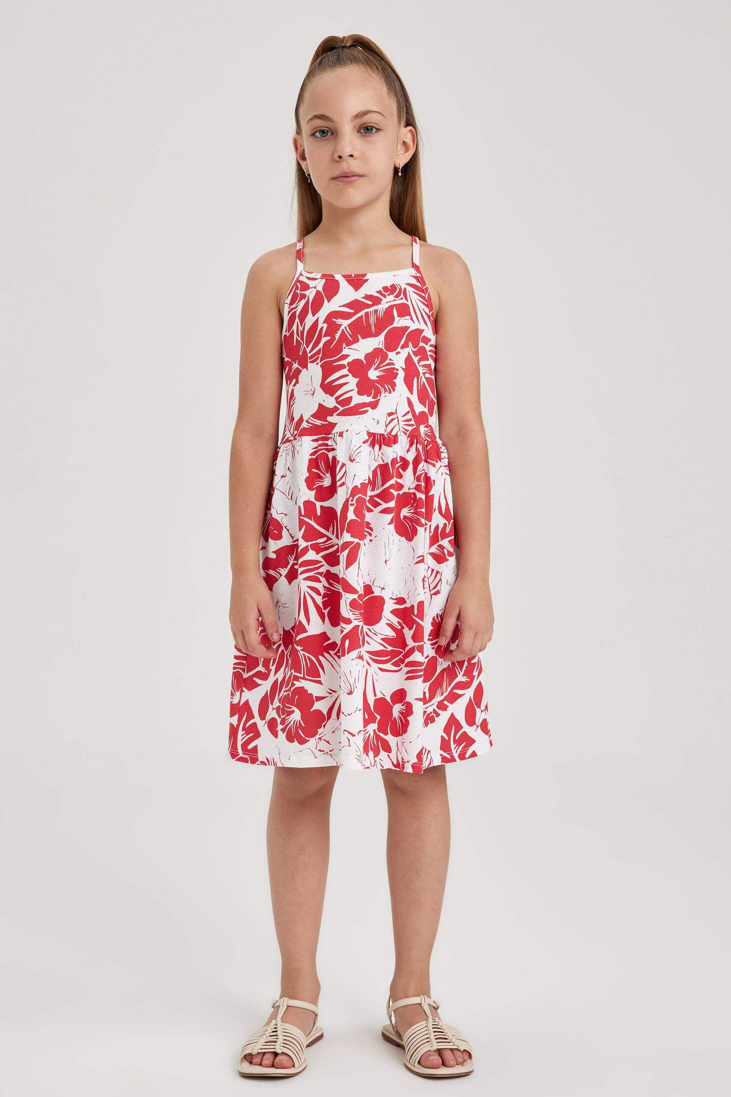 فستان قطن بناتي قصة عادية منقوش