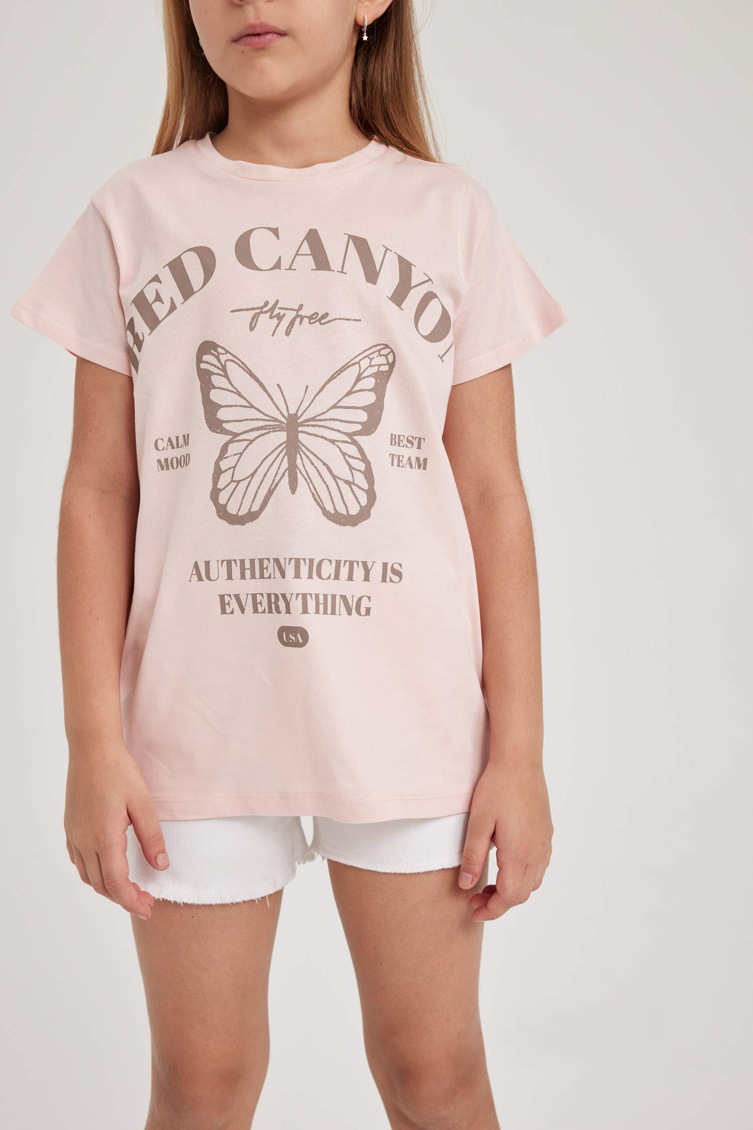 Kız Çocuk Bisiklet Yaka Baskılı Kısa Kollu Tişört