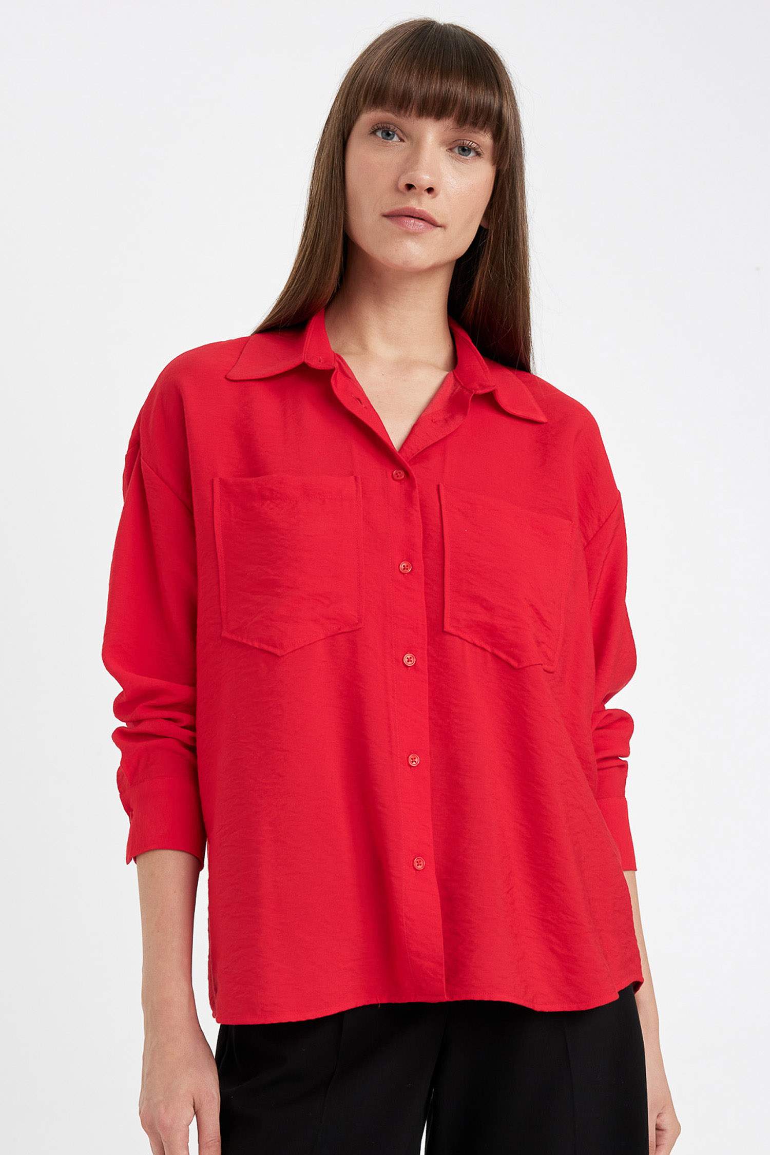 Oversize Fit Basic Red Long Sleeve Shirt