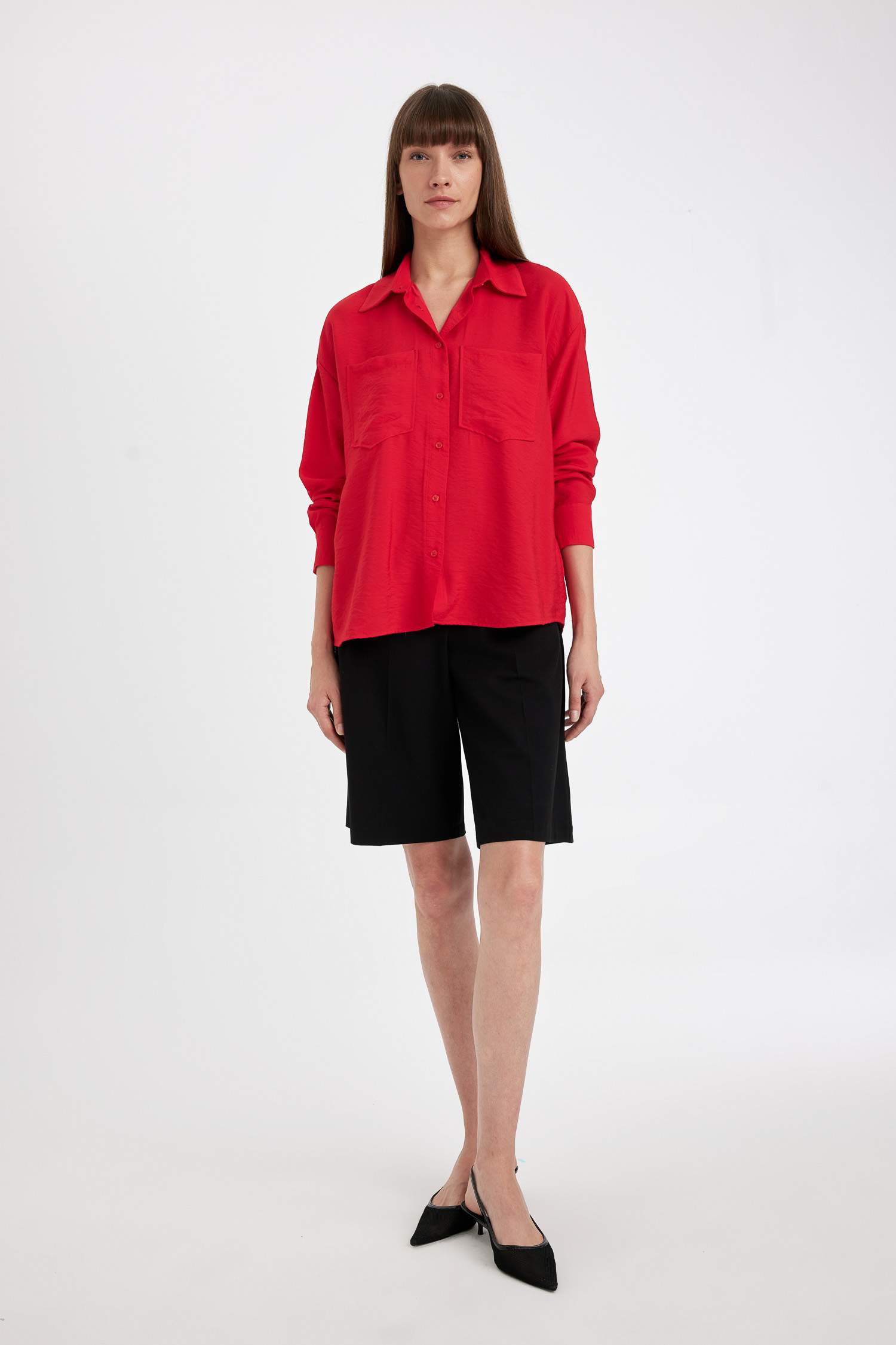 Oversize Fit Basic Red Long Sleeve Shirt