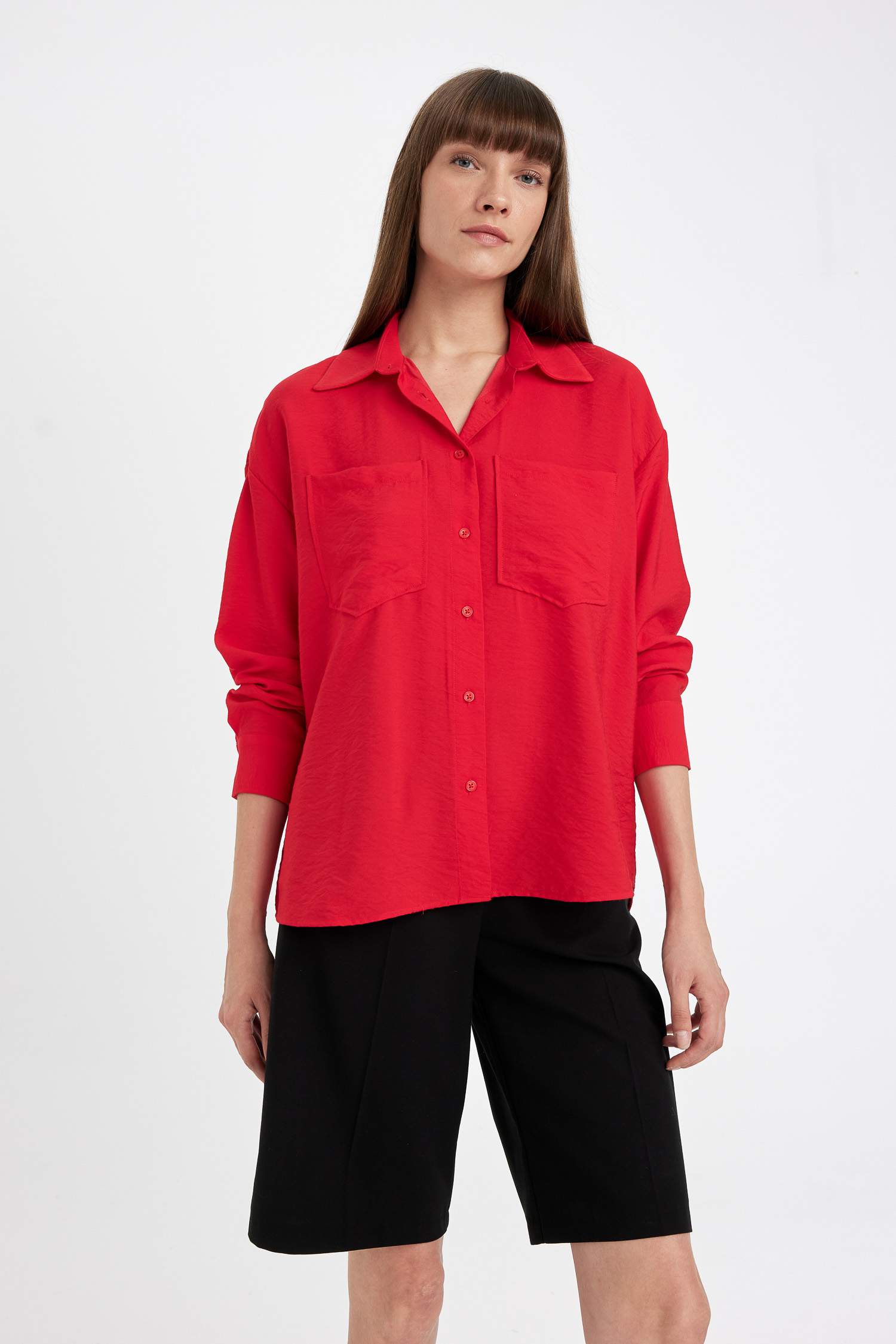 Oversize Fit Basic Red Long Sleeve Shirt