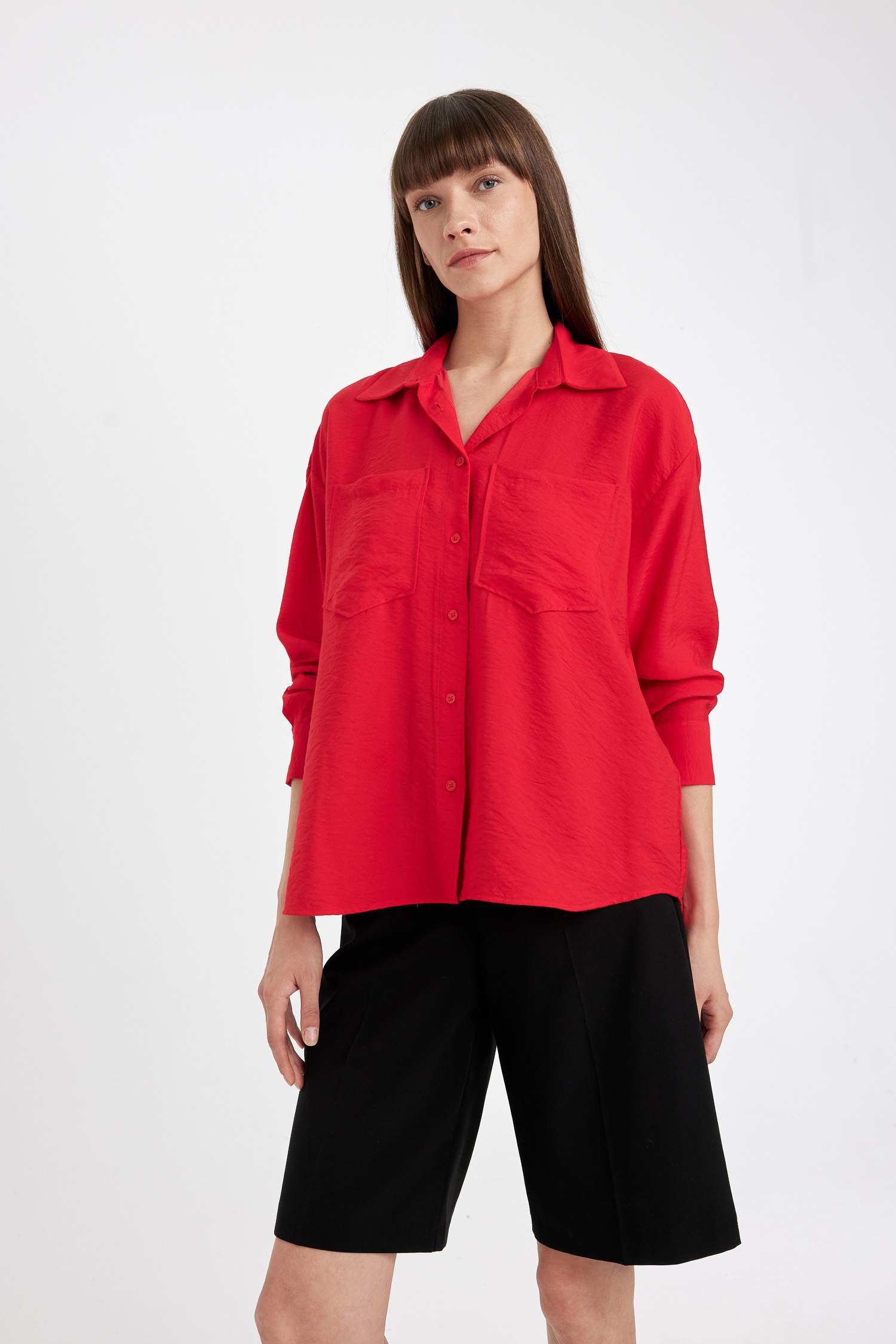 Oversize Fit Basic Red Long Sleeve Shirt