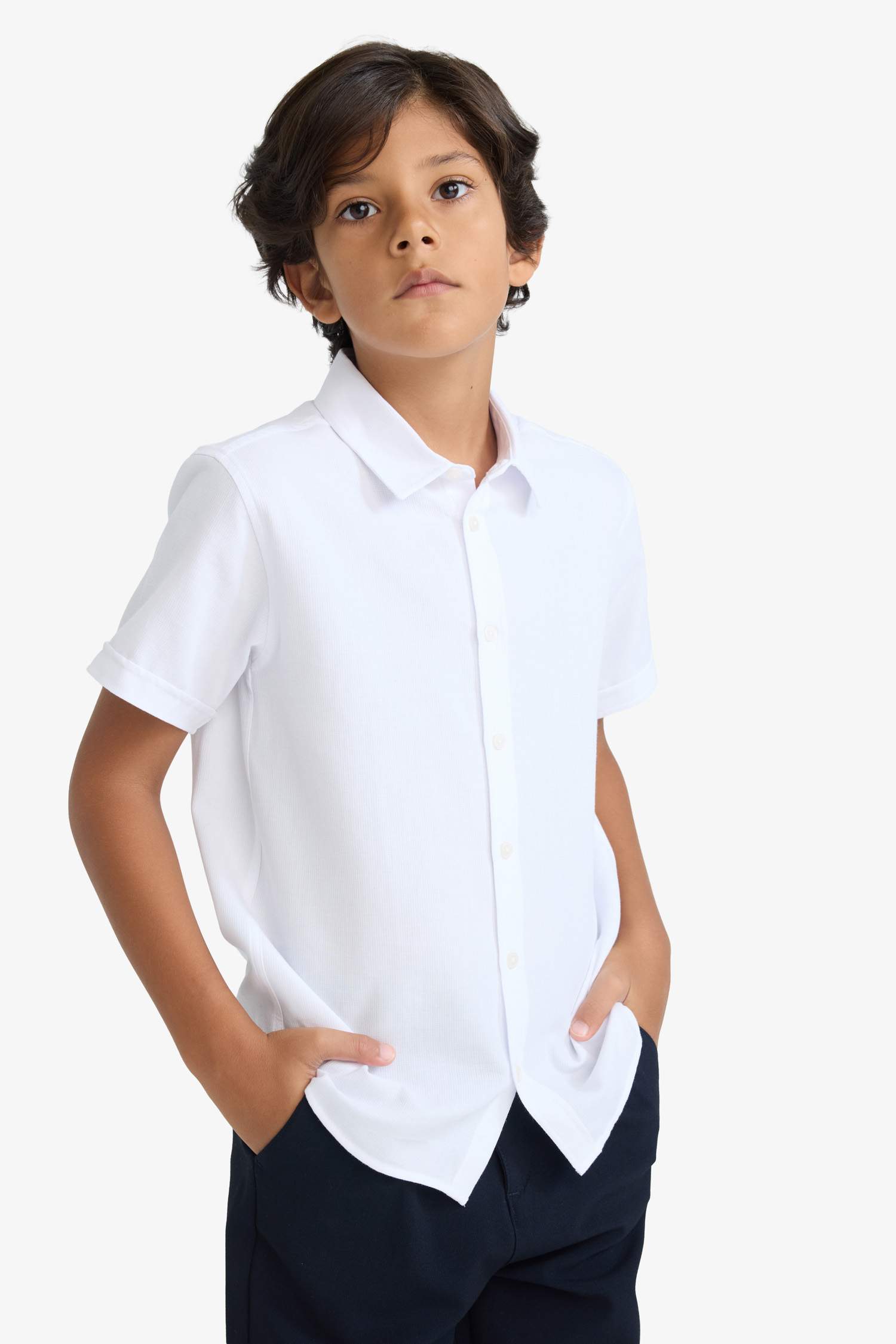 Boy Textured White Short Sleeve School Shirt