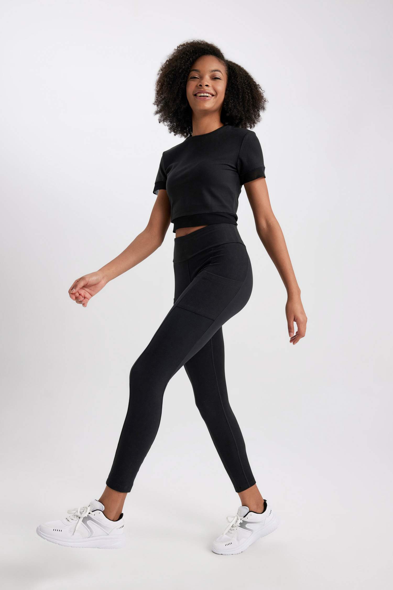 DefactoFit Siyah Yüksek Bel Beli Saran Esnek Skuba Dalgıç Kumaş Sporcu Tayt