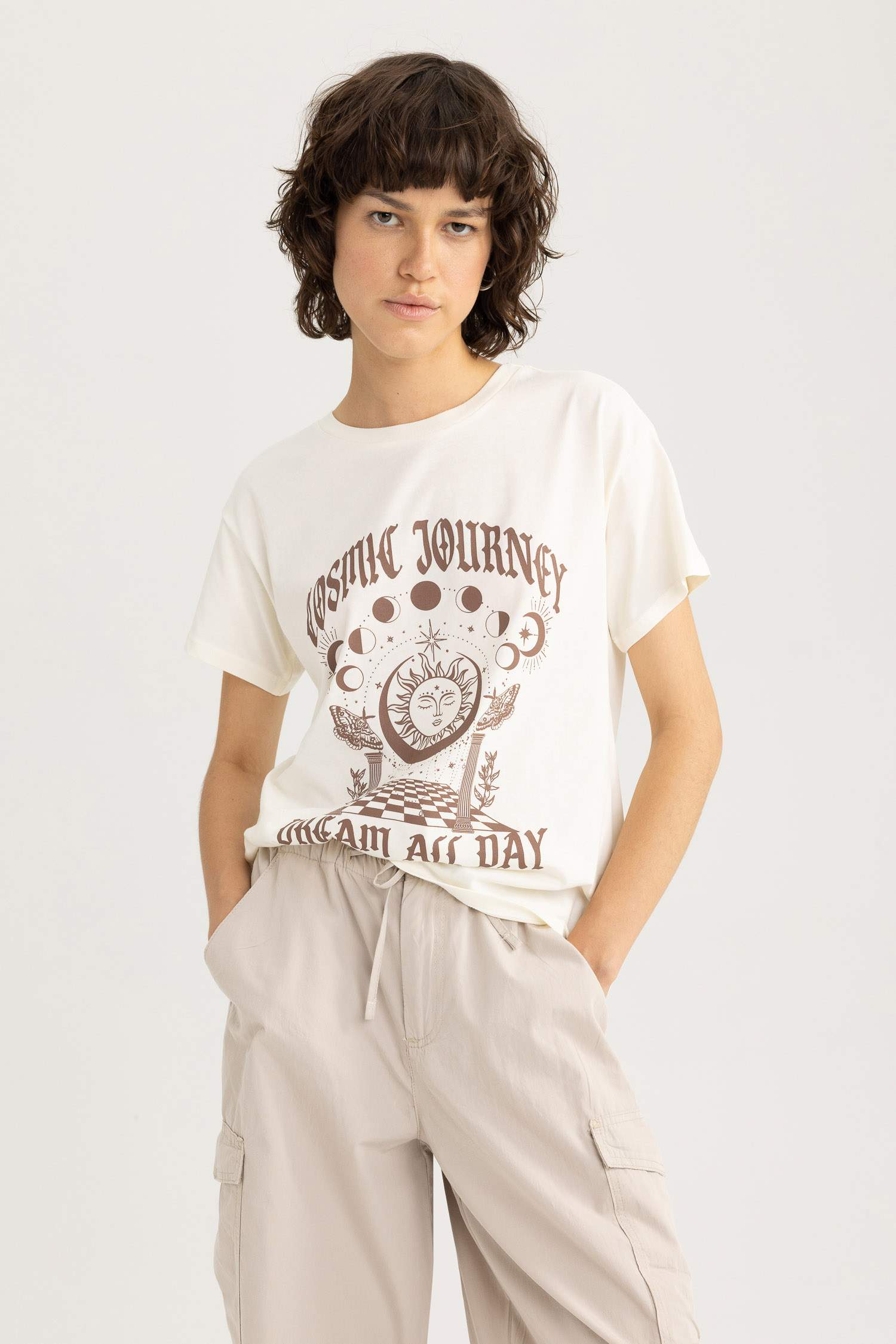 Regular Fit Bisiklet Yaka Baskılı Kısa Kollu %100 Pamuk Tişört