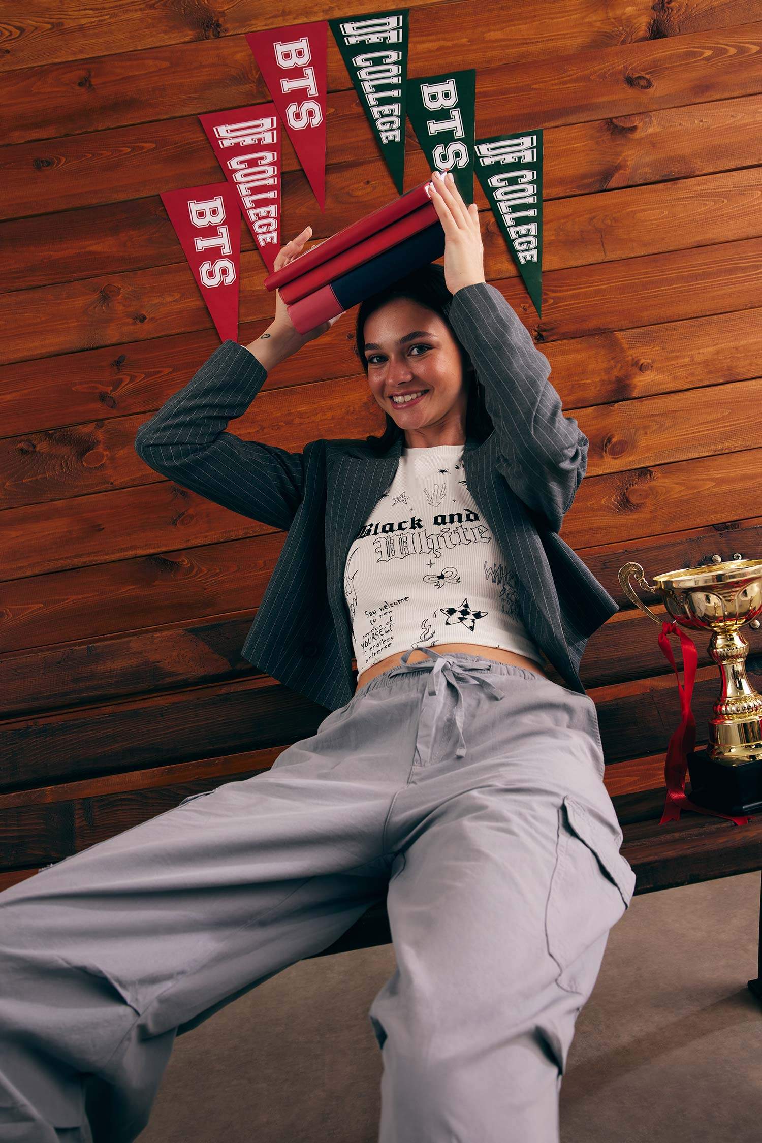 تيشيرت ردن طويل مضلع مطبوع