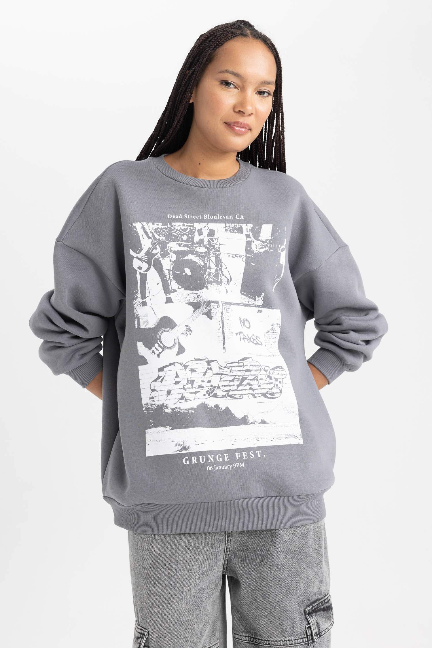 Свитшот оверсайз с круглым вырезом с принтом из плотной ткани для женщин