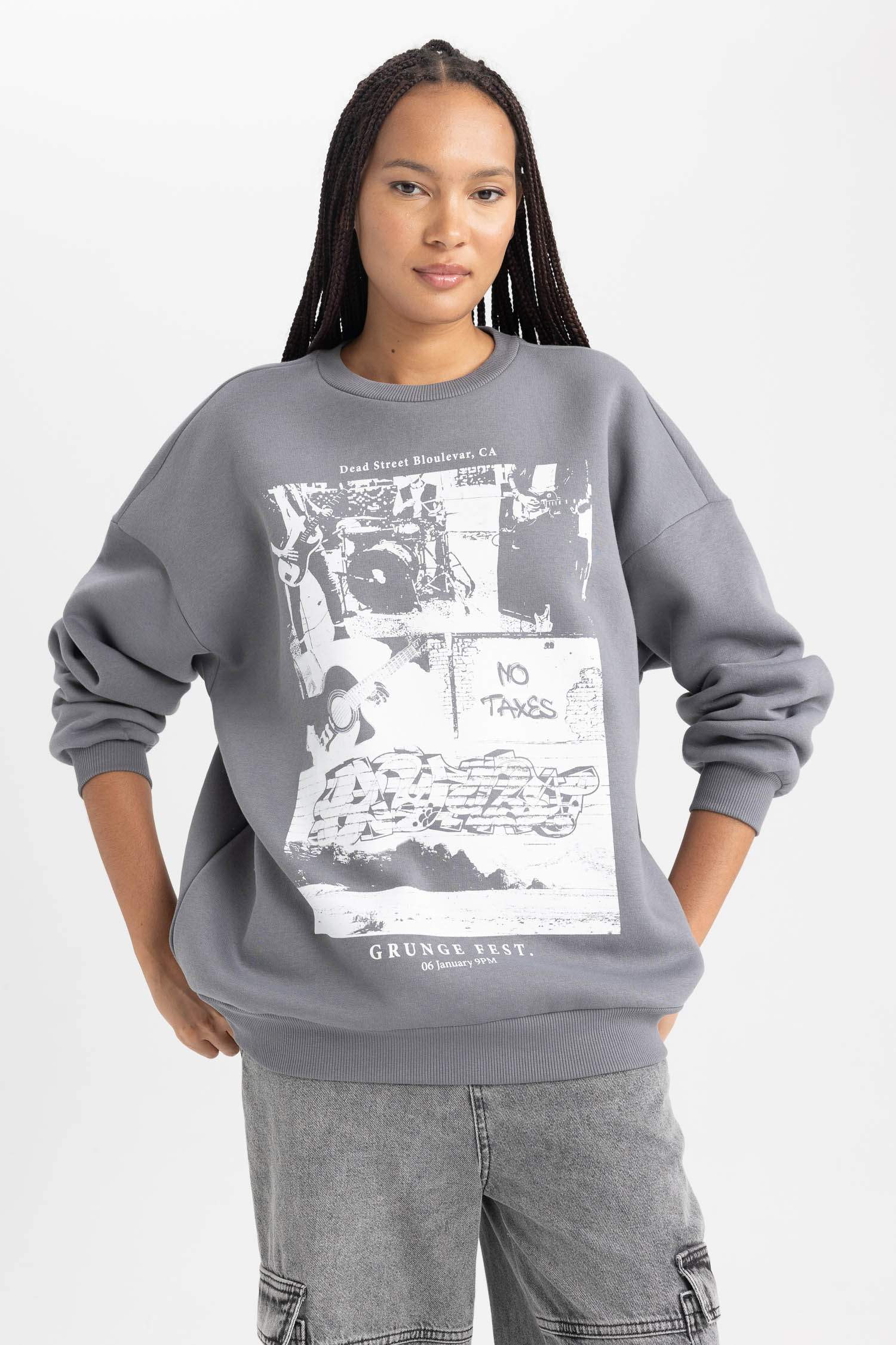 Свитшот оверсайз с круглым вырезом с принтом из плотной ткани для женщин