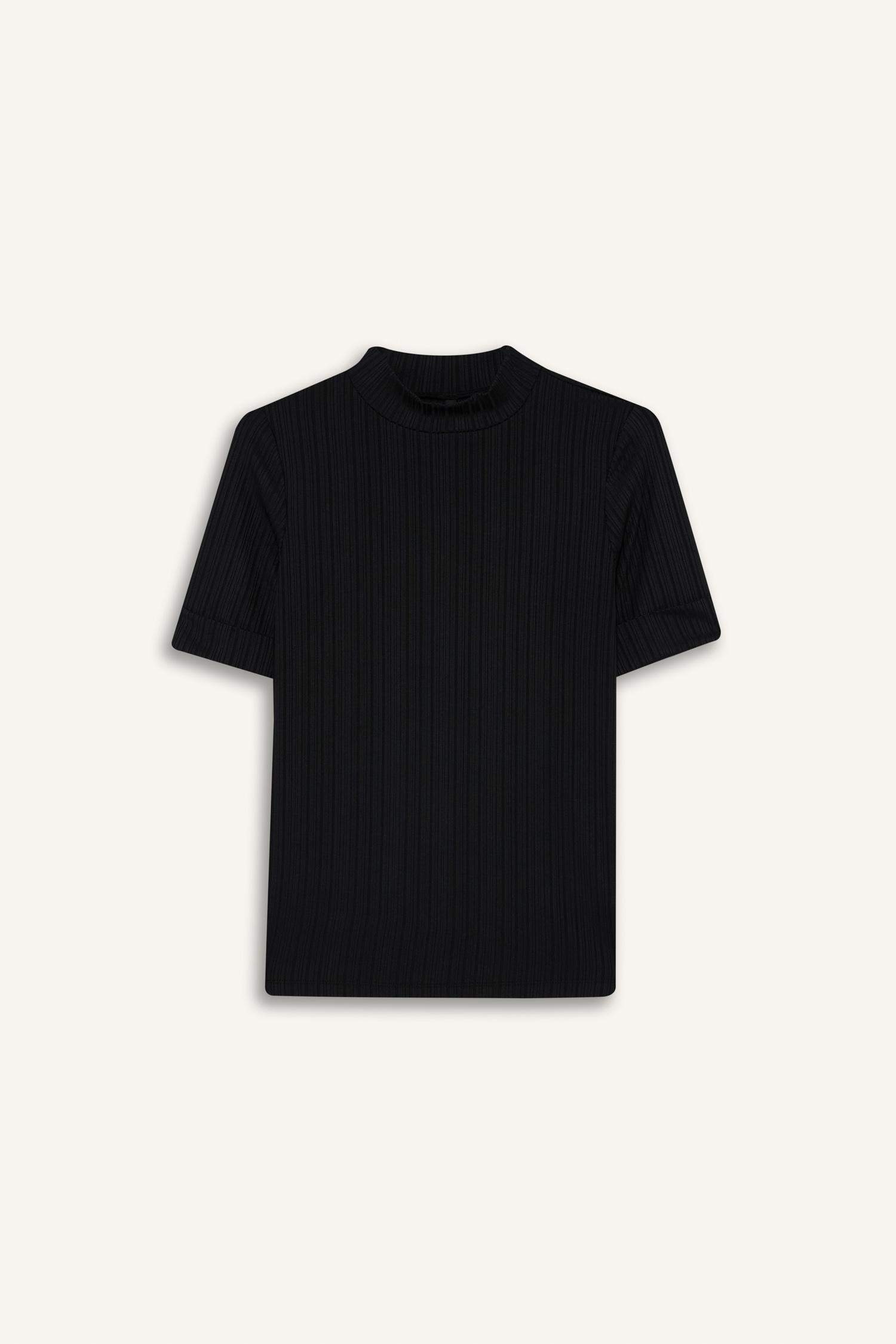 T-shirt côtelé basique à col montant et manches courtes Coupe régulière