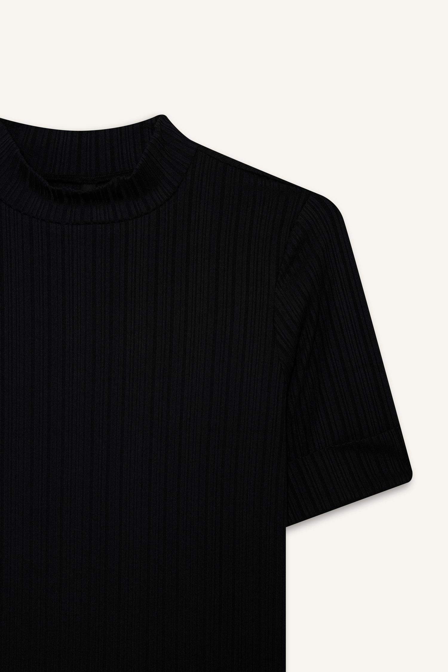T-shirt côtelé basique à col montant et manches courtes Coupe régulière