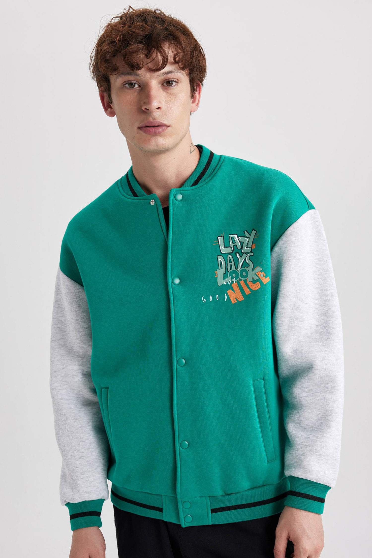 Oversize Fit Bomber Collar Slogan Soft Hairy Inside Cardigan