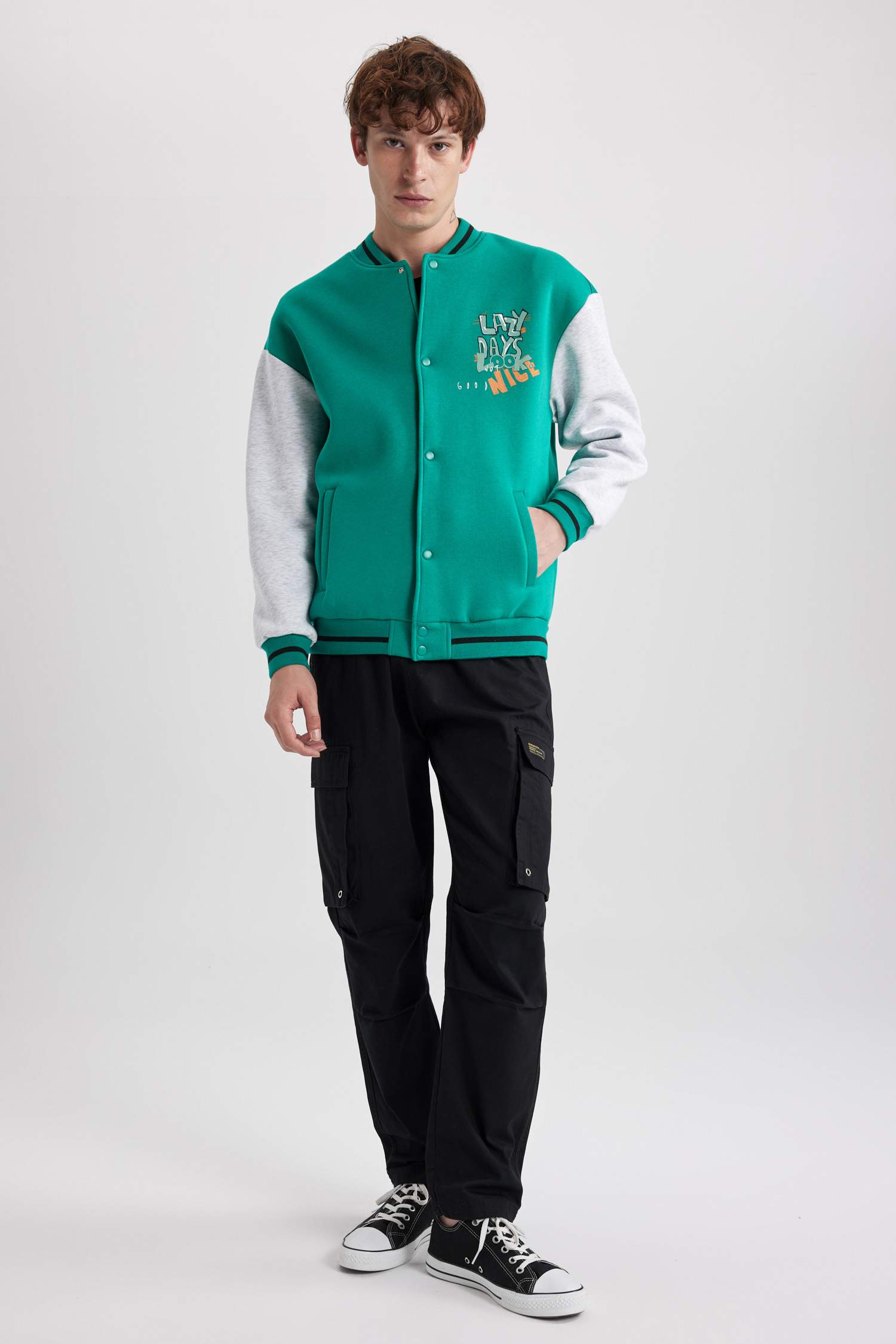 Oversize Fit Bomber Collar Slogan Soft Hairy Inside Cardigan