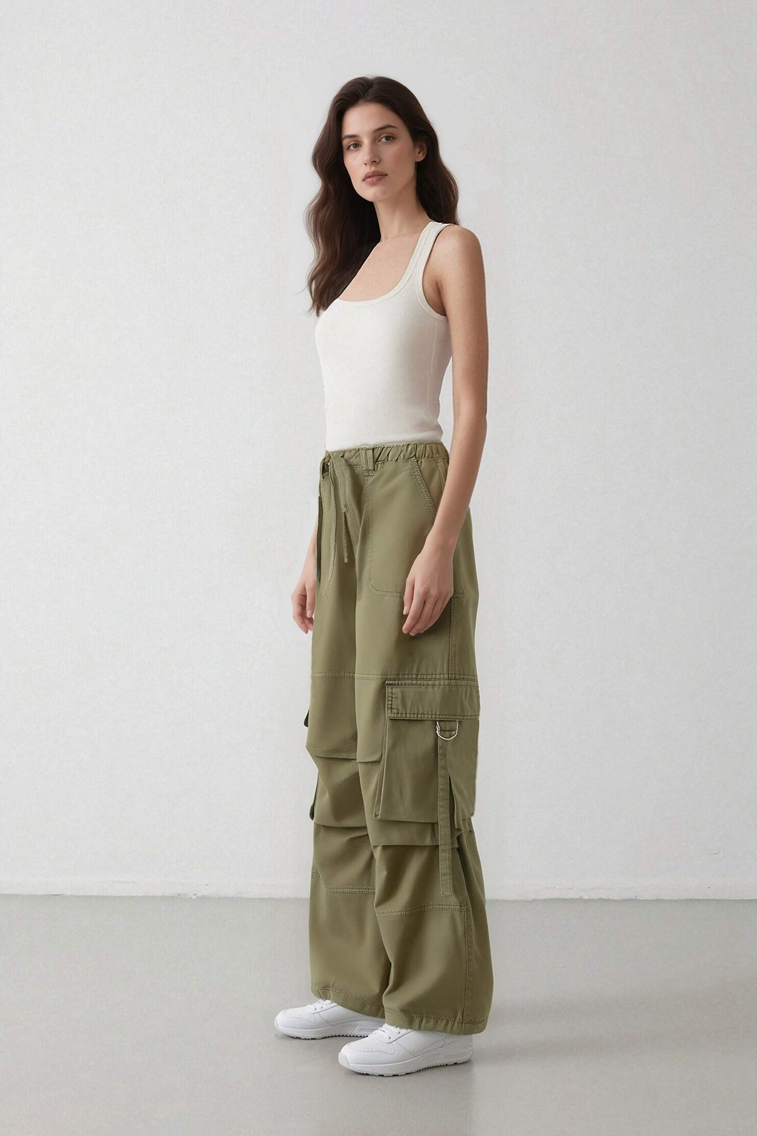 Wide Leg Geniş Paça Gabardin Pantolon Basic Düz Bağcıklı Normal Bel Kargo Cepli