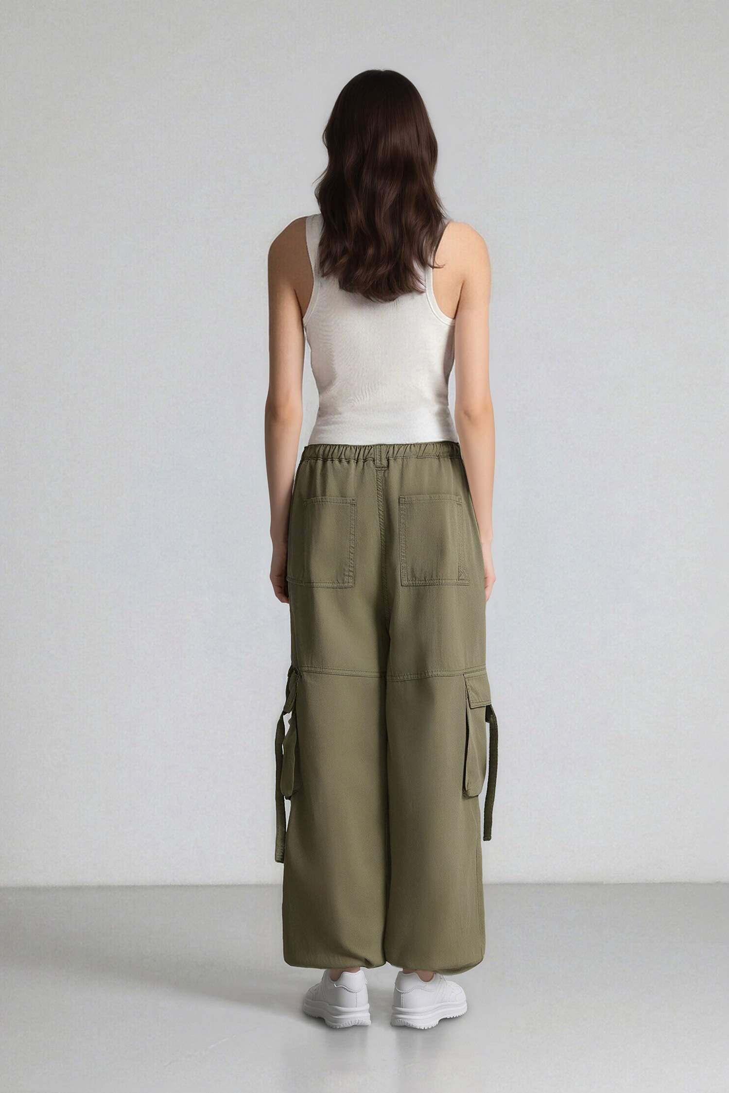 Wide Leg Geniş Paça Gabardin Pantolon Basic Düz Bağcıklı Normal Bel Kargo Cepli