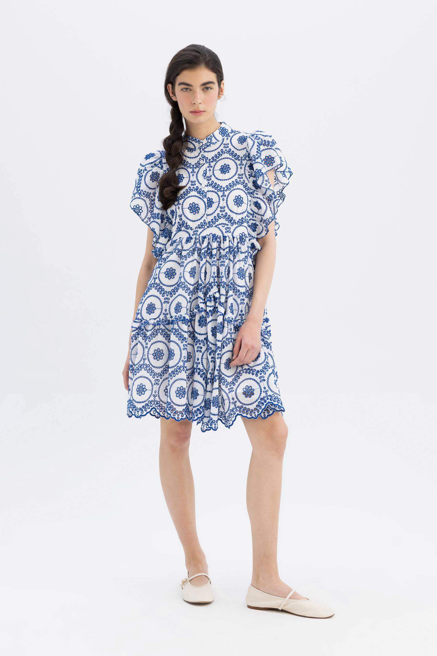 Lug Von Siga x DeFacto Hakim Yaka Desenli Vual Kısa Kollu Mini Elbise