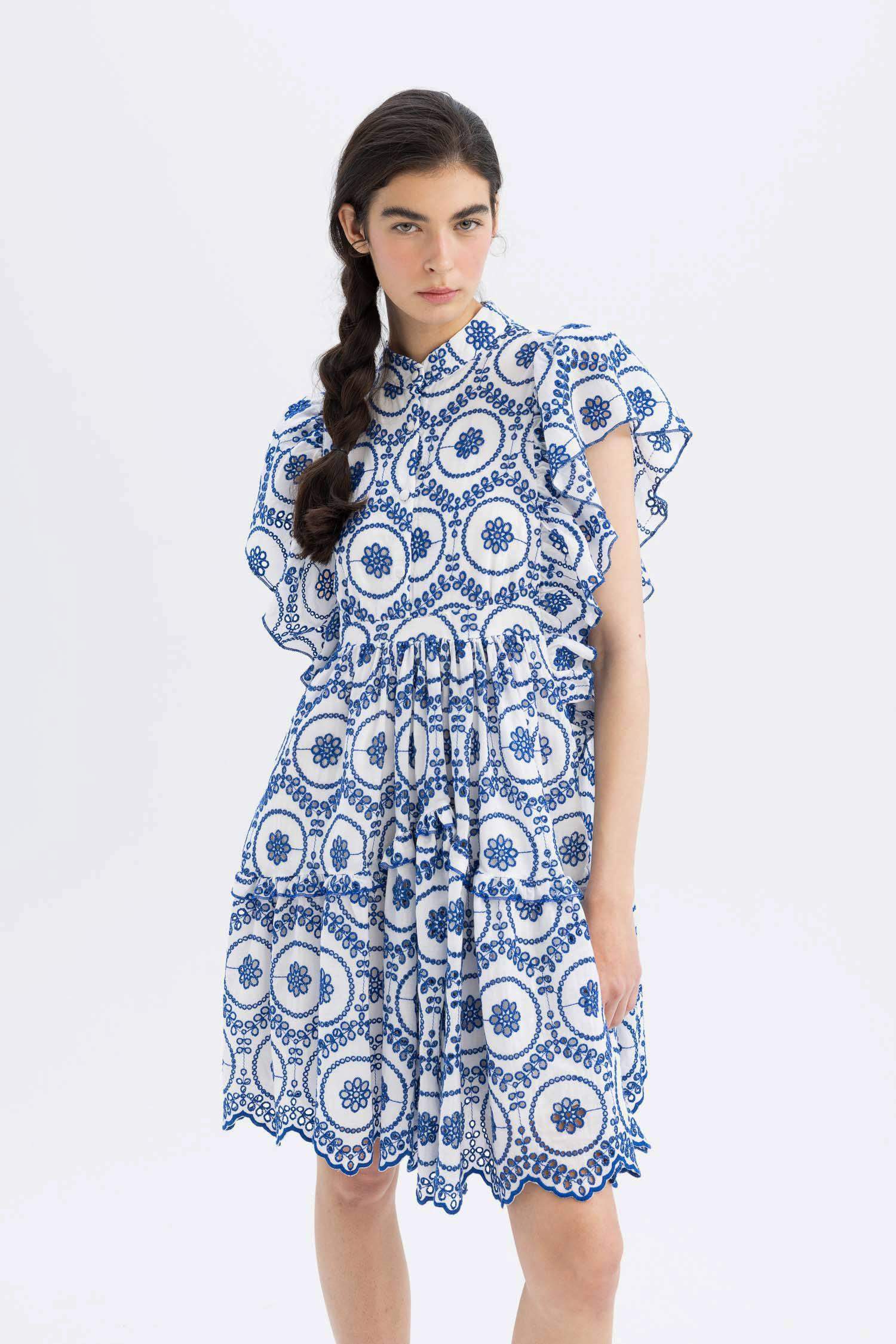 Lug Von Siga x DeFacto Hakim Yaka Desenli Vual Kısa Kollu Mini Elbise