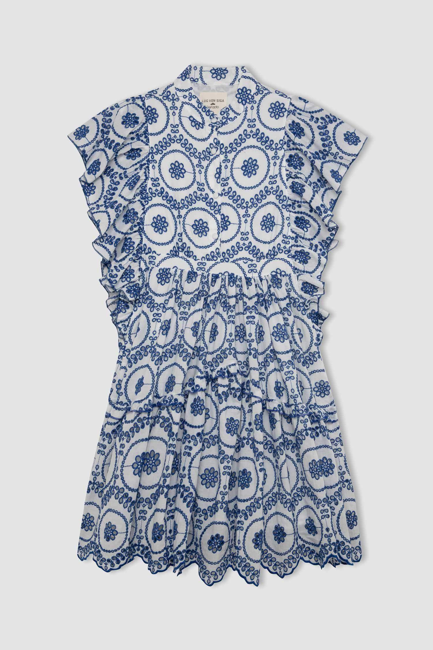 Lug Von Siga x DeFacto Hakim Yaka Desenli Vual Kısa Kollu Mini Elbise