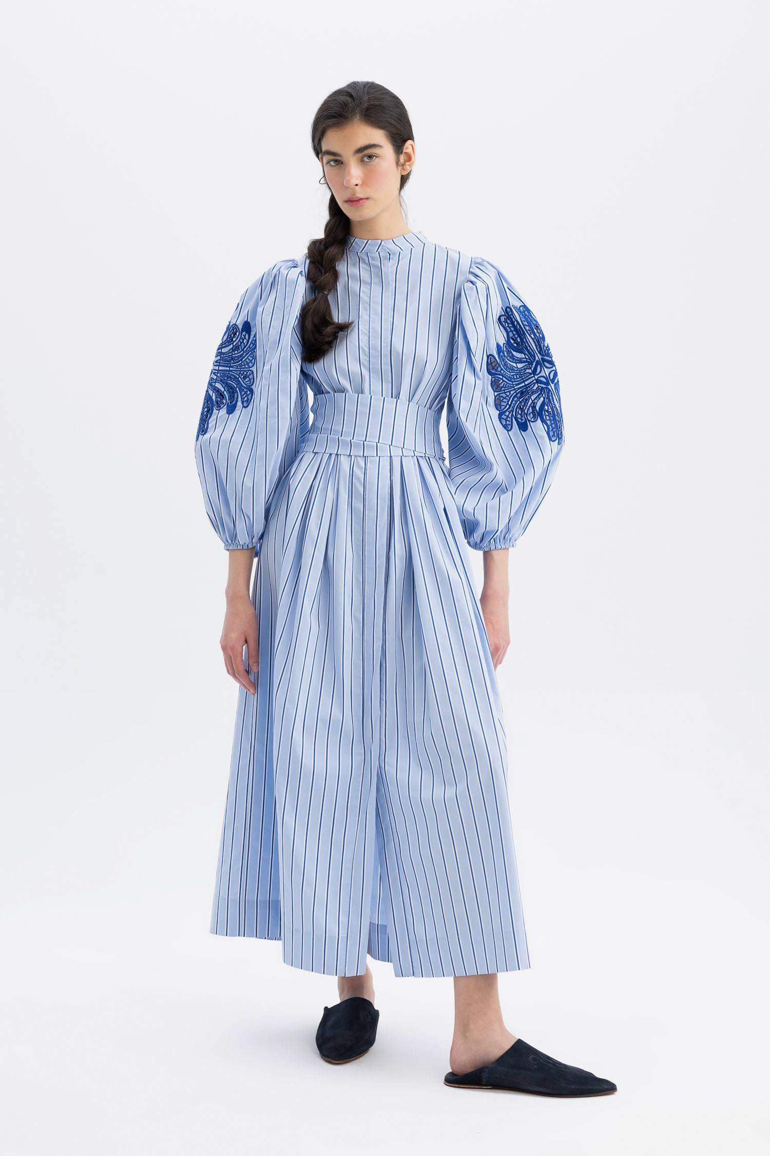 Grandad Collar Striped Poplin Balloon Sleeves Maxi Dress